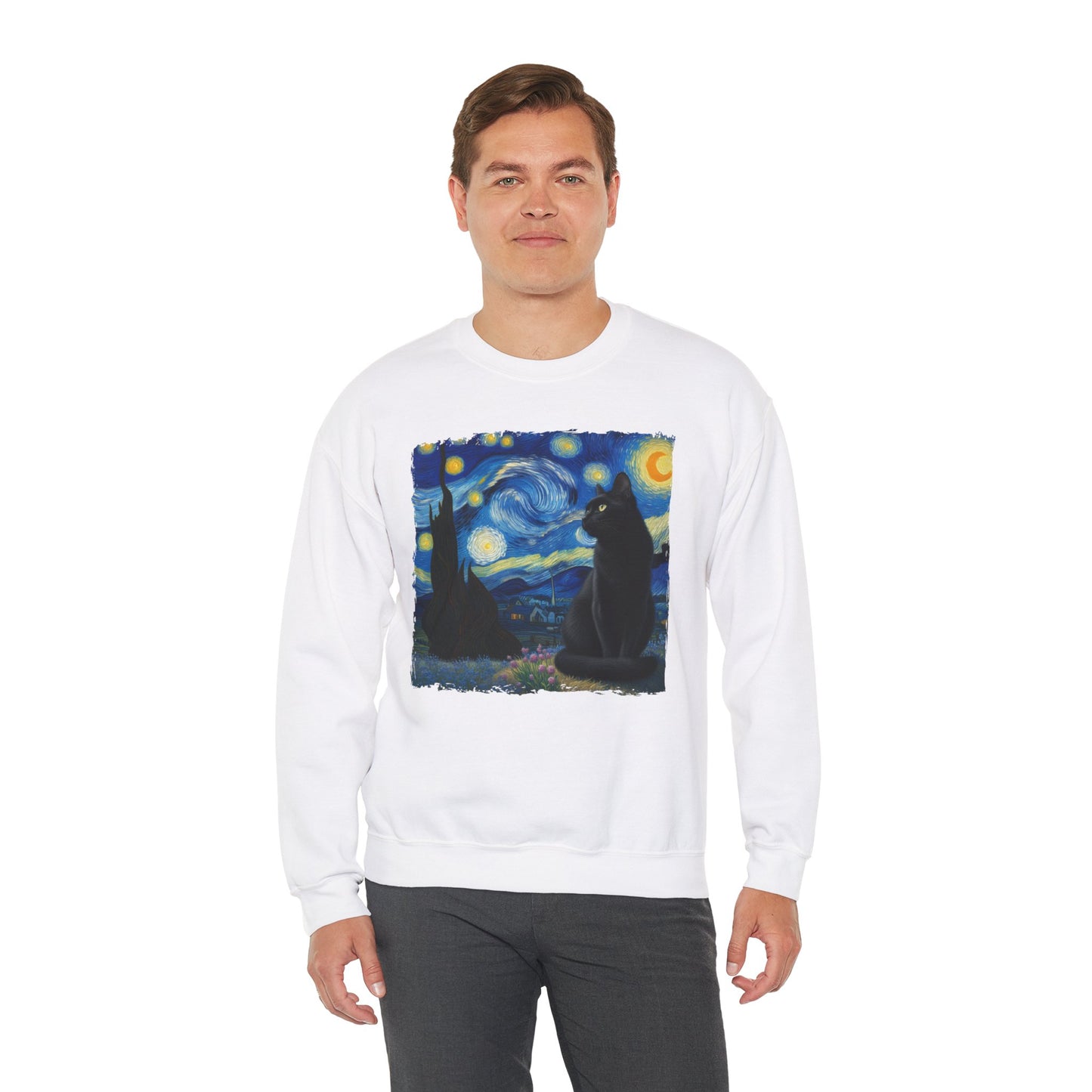 Black Cat Night Sky Crewneck Sweater | Starry Night-Inspired Feline Art | Cat Lovers Sweatshirt | Humorous Cat Parody Apparel Cat Gift