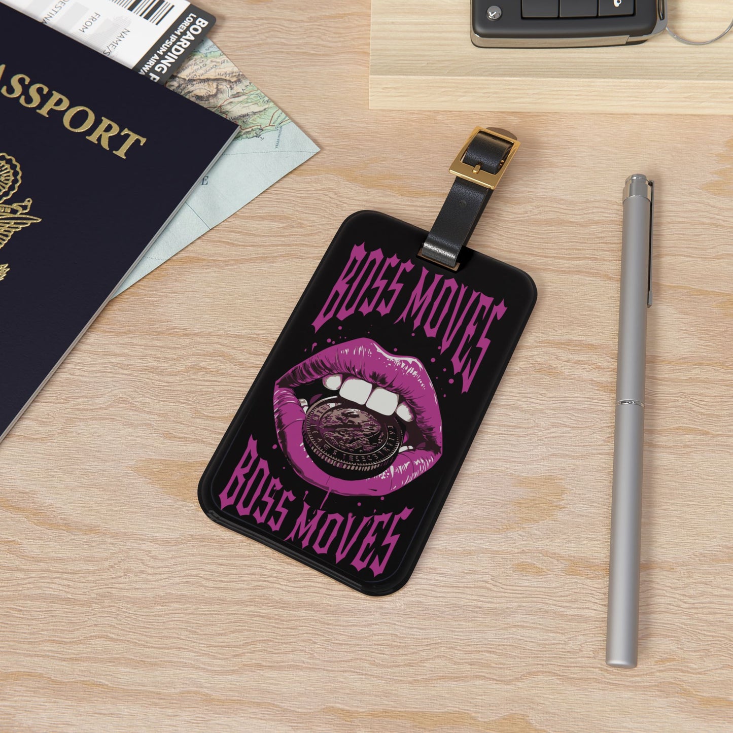 Boss Moves Luggage Tag | Purple Lips Holding Coin Design | Hustler Baggage ID for Bosses | Street Culture Travel Accessory Money Travel Tag