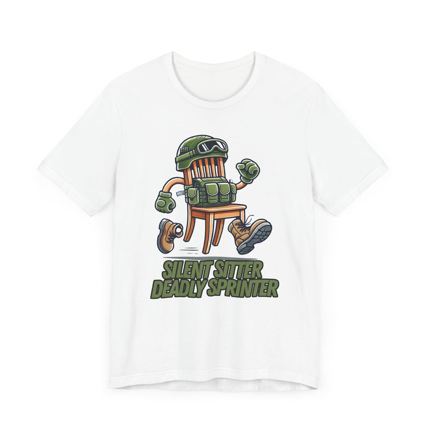 Silent Sitter, Deadly Sprinter | Tactical Chair Cartoon Art | Funny Prop Hunt Design | Unique Gamer Gift | Bold Military Chair Illustration