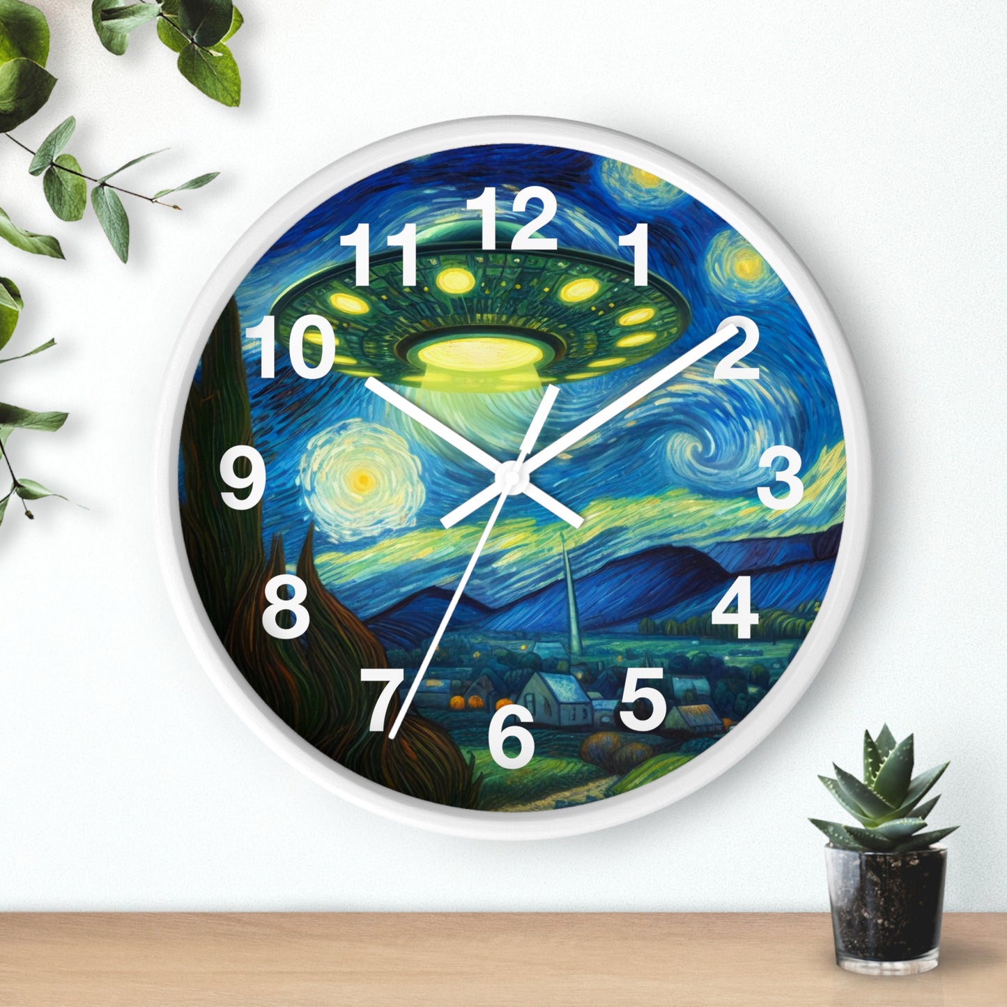 Alien UFO Night Wall Clock | Battery Operated | Starry Night-Inspired Outer Space Art | Perfect Gift for UFO Believers | Cosmic Wall Decor