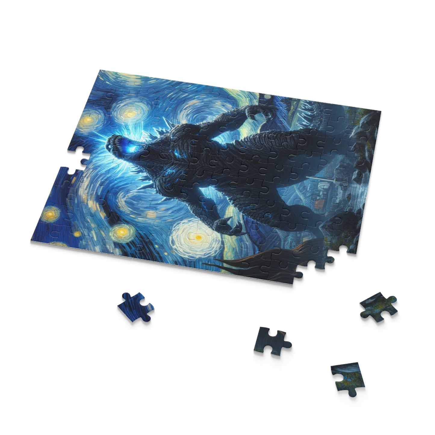 Giant Dinosaur Lizard Night Sky Jigsaw Puzzle 120-500 Pieces | Kaiju-Inspired Starry Night Art for Epic Dinosaur & Monster Fans