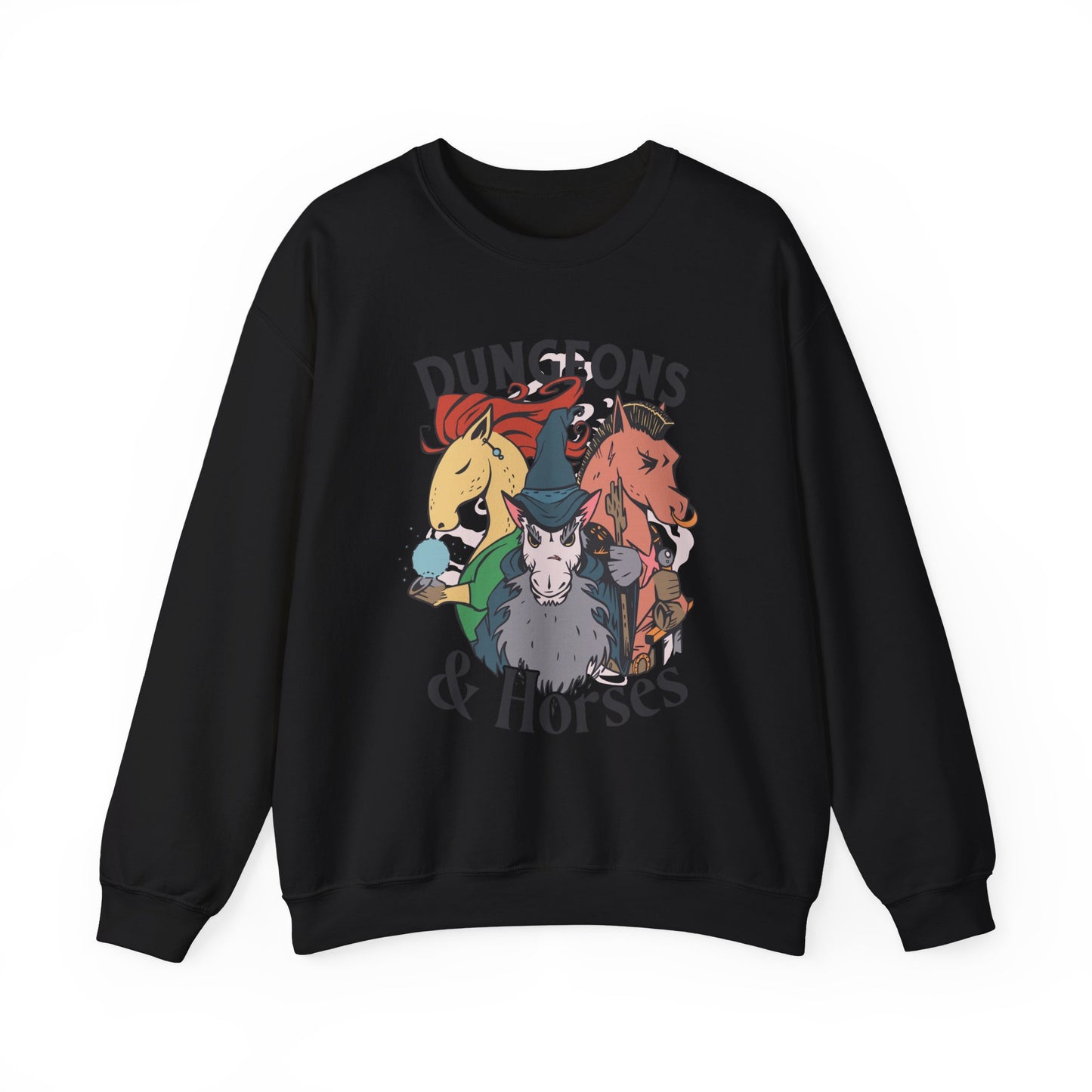 Dungeons and Horses Funny D&D Parody Sweatshirt | Nerdy Fantasy Game Sweater Horse Lovers | Unique Winter Gift | Cozy Fun Sweatshirt Gamers