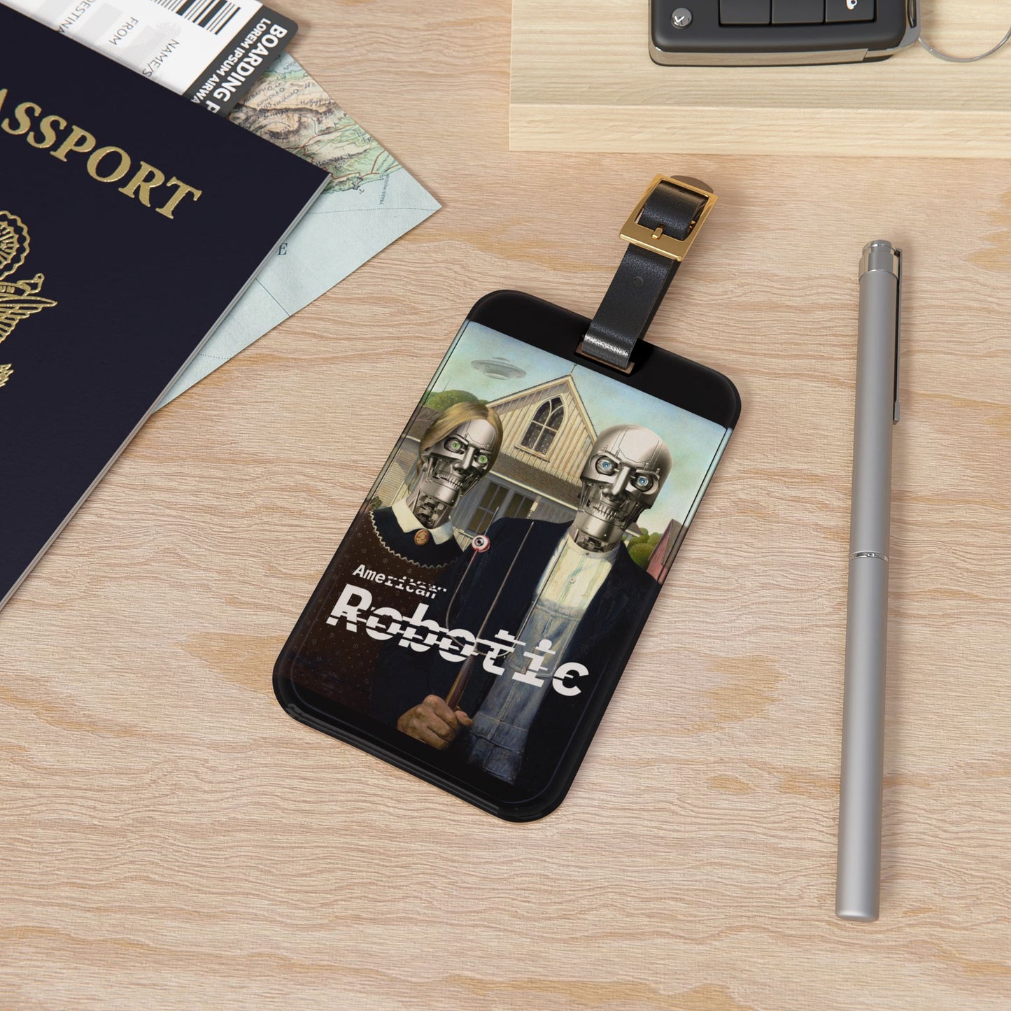 American Robotic Luggage Tag | American Gothic-Inspired Baggage ID | Tech-Advanced Robot Farmer Travel Accessory | Gift for Robot Lovers