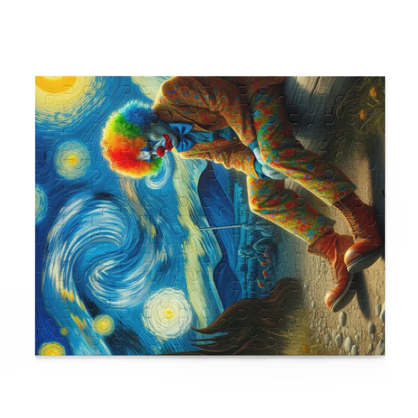 Sad Clown Night Sky Jigsaw Puzzle 120-500 Pieces | Melancholic Starry Night-Inspired Art for Unique Clown & Art Lovers