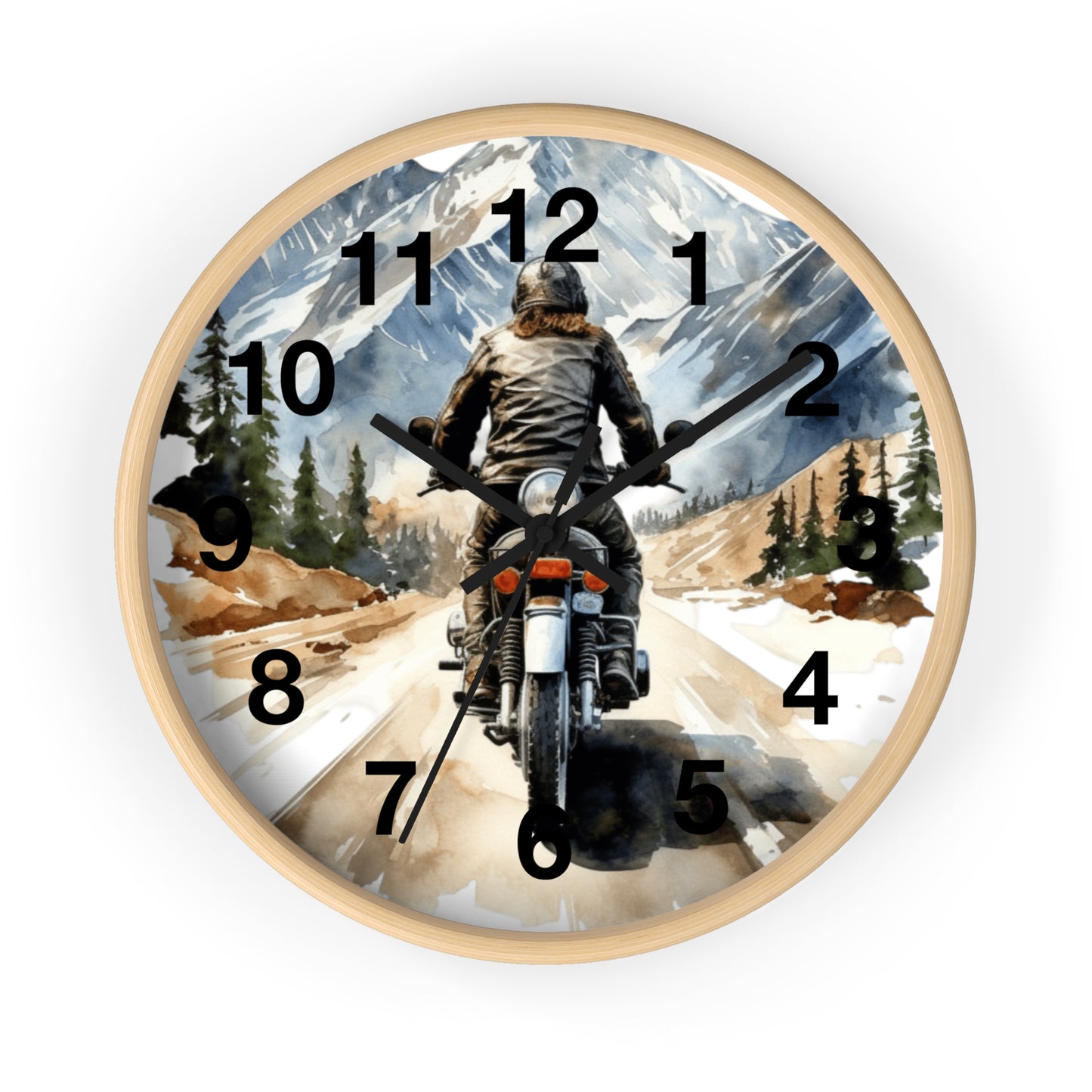 Biker Riding Open Road Wall Clock | Mountain Range Scenic View Motorcycle Art Unique Biker Decor Adventure Gift for Bikers Battery Operated