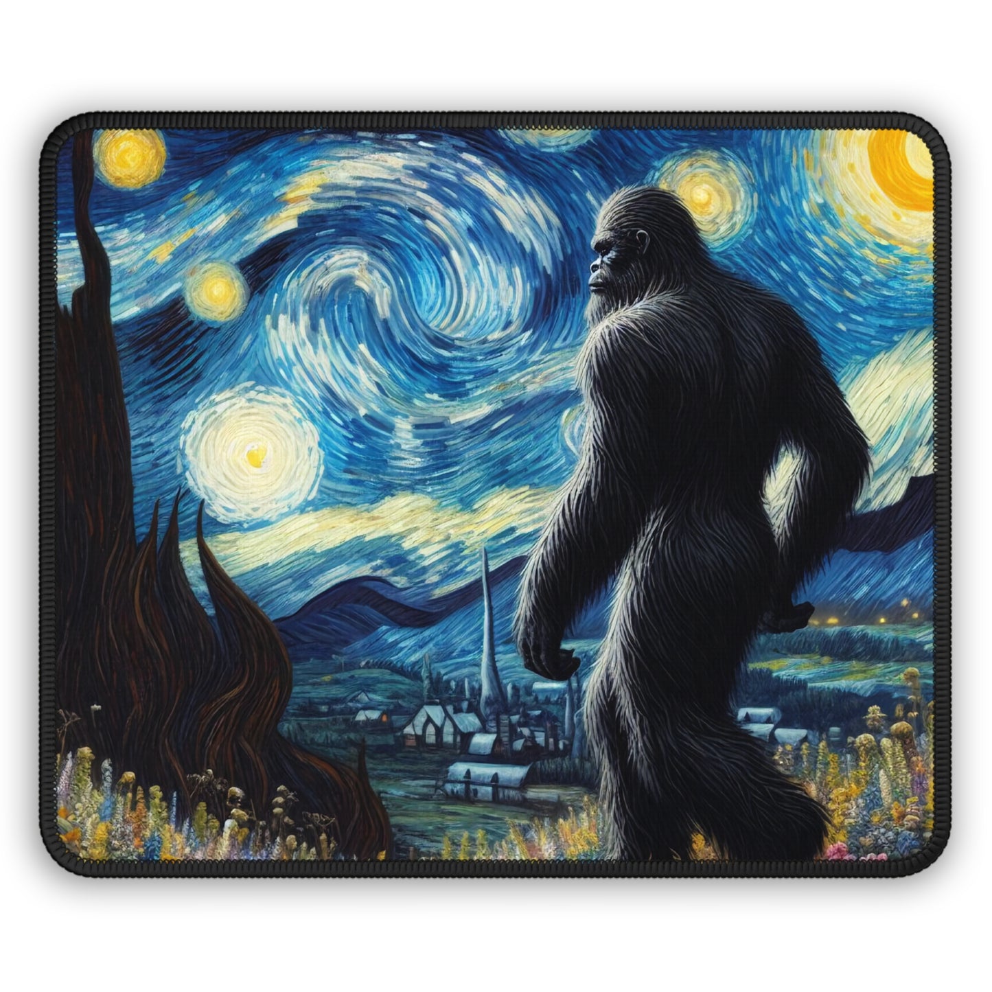 Bigfoot Night Sky Non-Slip Mouse Pad | Starry Night Inspired Art | Humorous Sasquatch Desk Mat for Quirky Bigfoot Lovers Sasquatch Decor