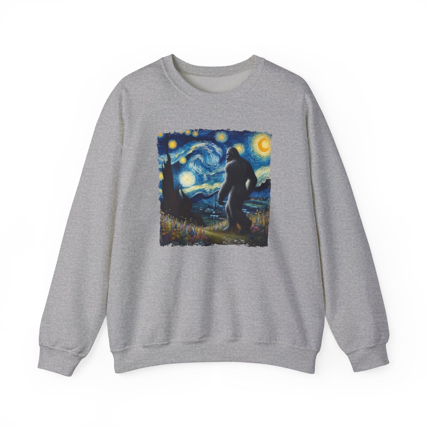 Bigfoot Night Sky Crewneck Sweater | Starry Night Inspired Art | Humorous Sasquatch Sweatshirt | Fun Gift for Quirky Bigfoot Lovers