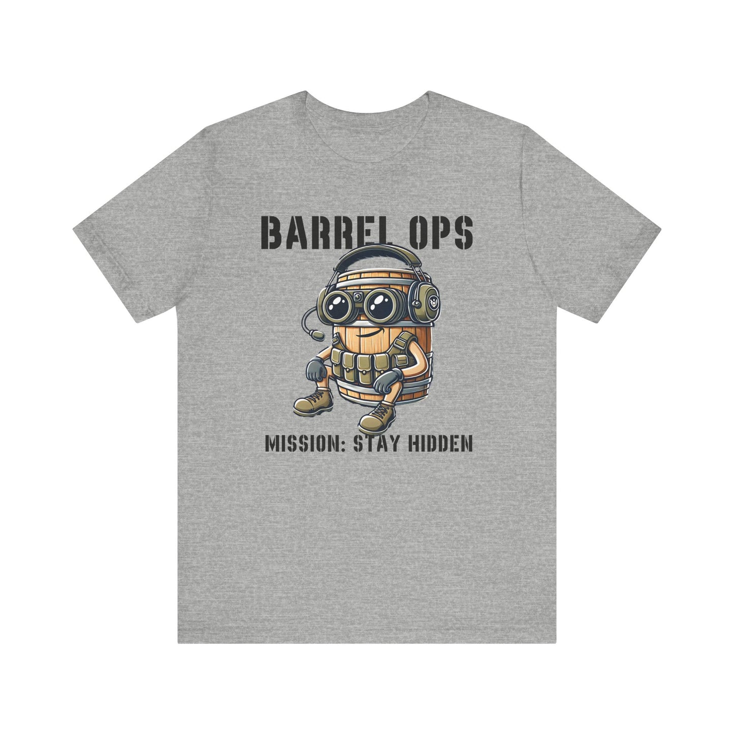 Barrel Ops Tactical Cartoon Shirt | Funny Prop Hunt Design | Mission Stay Hidden Illustration | Gamer Graphic | Unique Military Barrel