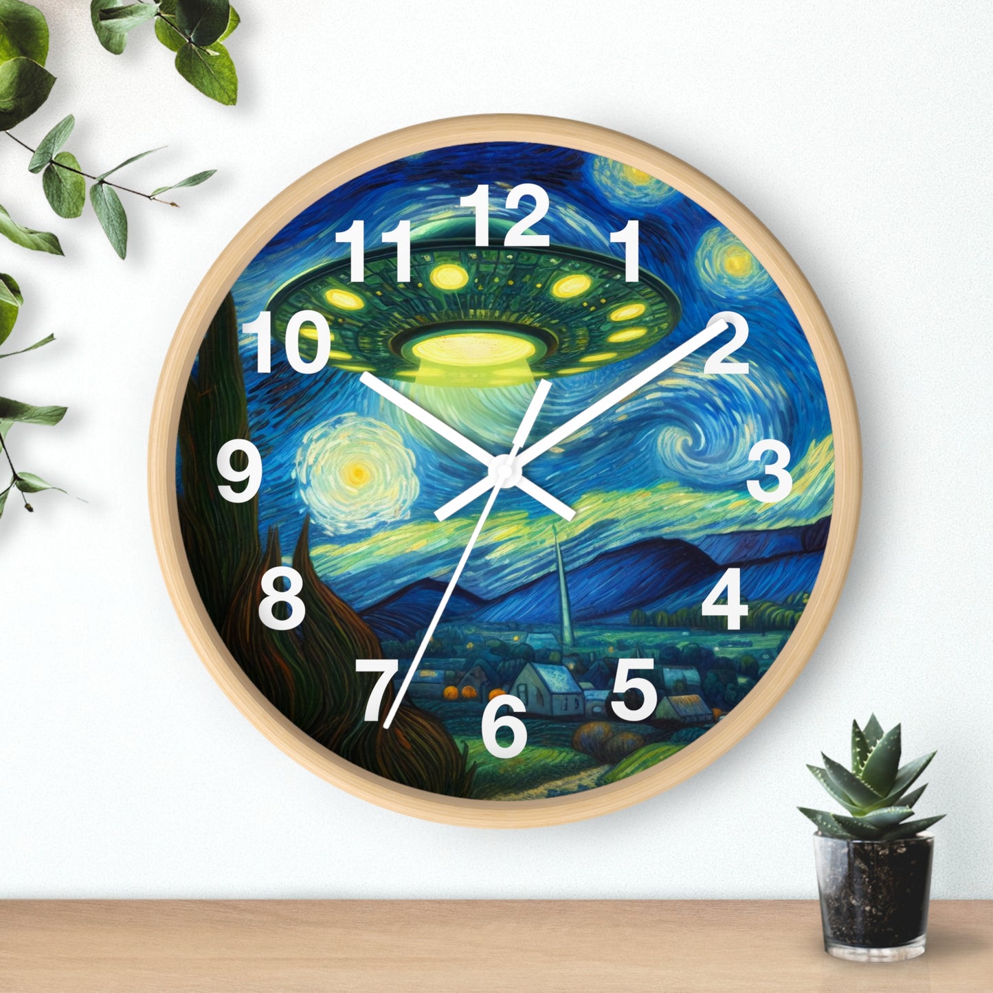 Alien UFO Night Wall Clock | Battery Operated | Starry Night-Inspired Outer Space Art | Perfect Gift for UFO Believers | Cosmic Wall Decor
