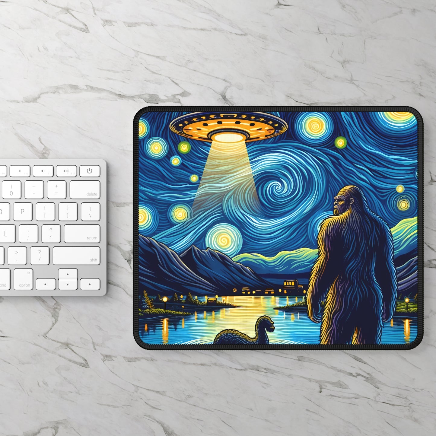 Bigfoot Alien Spaceship Night Sky Non-Slip Mouse Pad | Sasquatch Meets Extraterrestrial Art | Fun UFO Humor Desk Mat for Bigfoot Fans