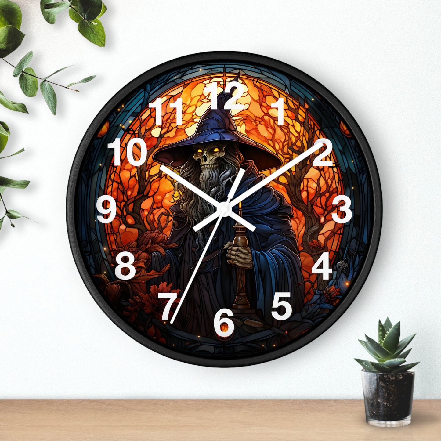 Scary Skeleton Wizard Stained Glass Wall Clock | Halloween Creepy Witch Vibe | Battery Operated | Unique Spooky Decor Halloween Lovers Gift