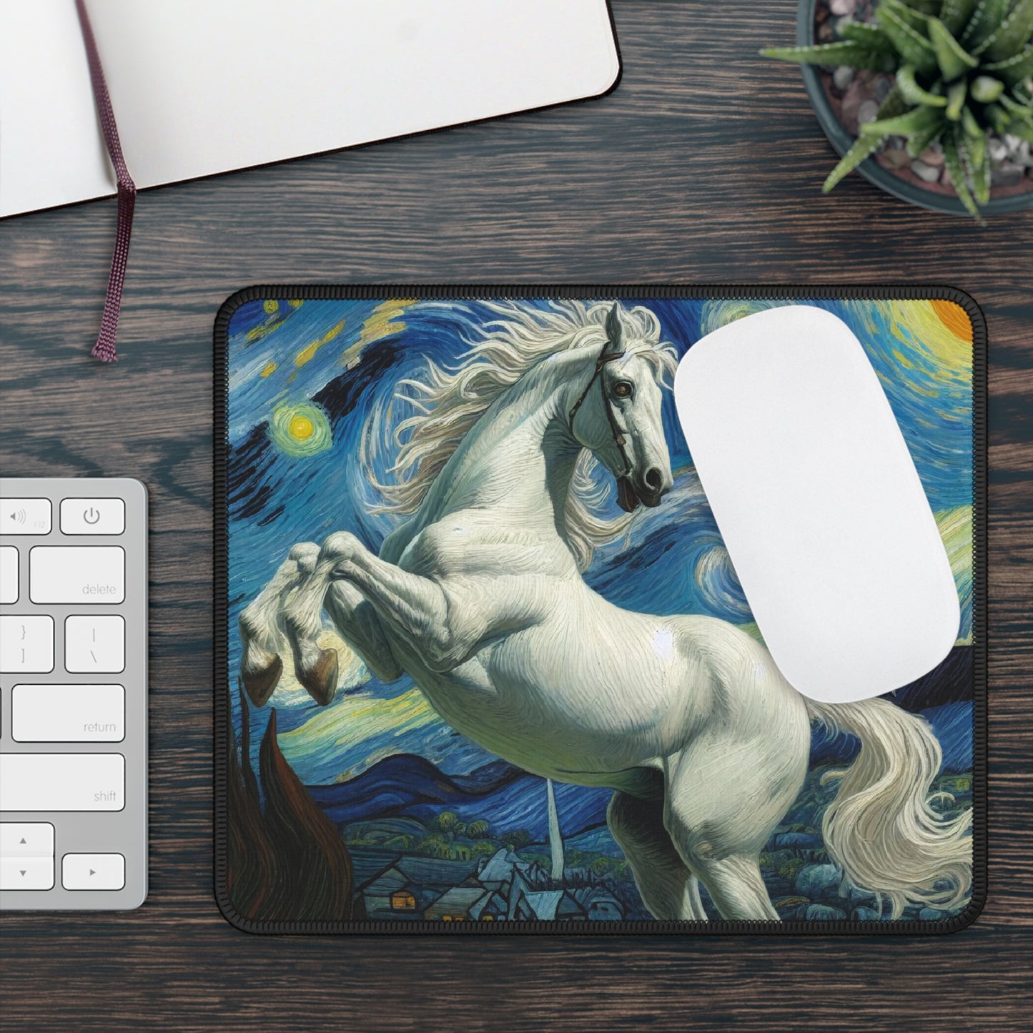 Majestic White Horse Night Sky Non-Slip Mouse Pad | Starry Night-Inspired Art | Enchanting Horse Lover Desk Mat Horse Gift Computer Mat