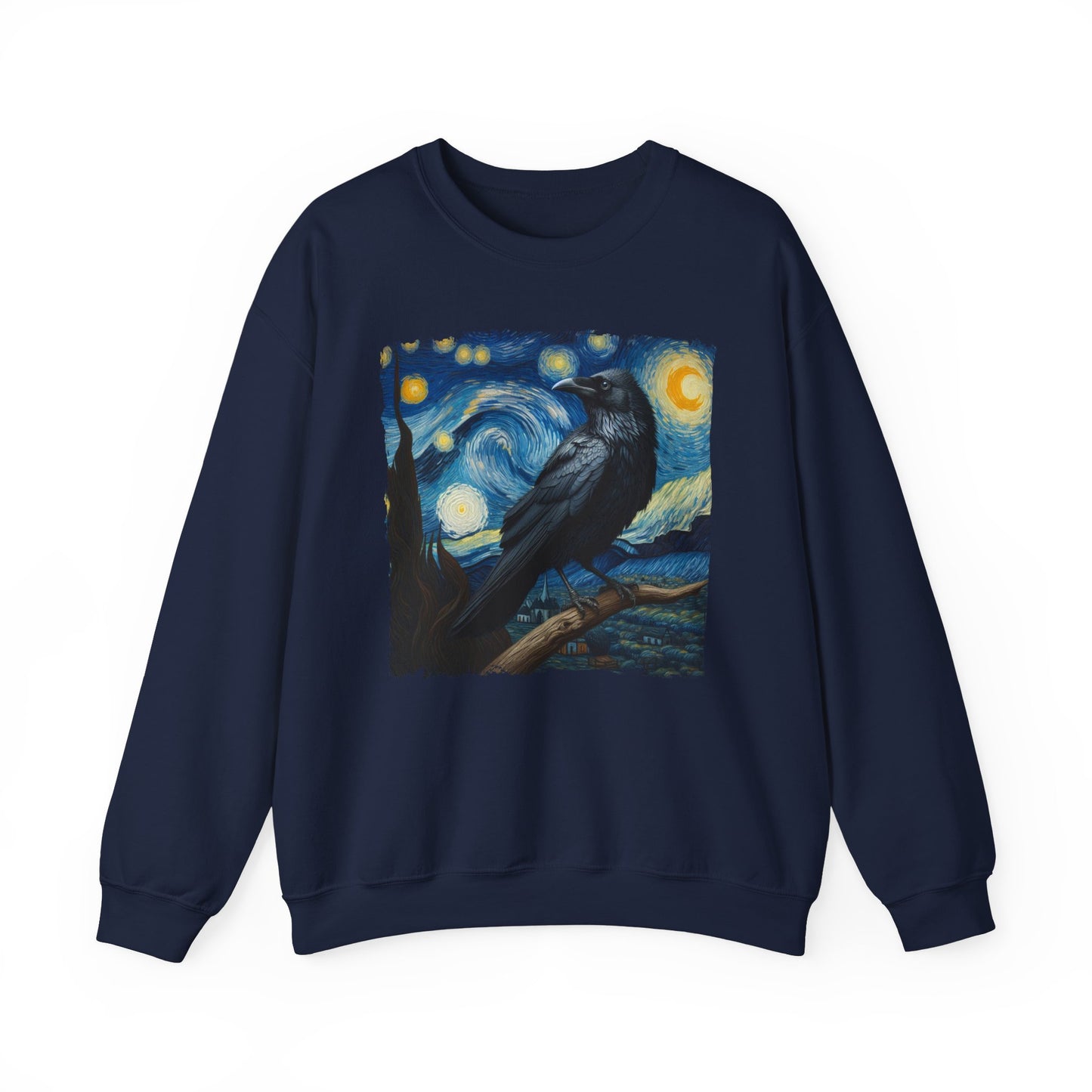 Black Raven Night Sky Crewneck Sweater | Starry Night-Inspired Art Pullover | Mystical Gothic Bird Lover Sweatshirt Witchcraft Enthusiasts