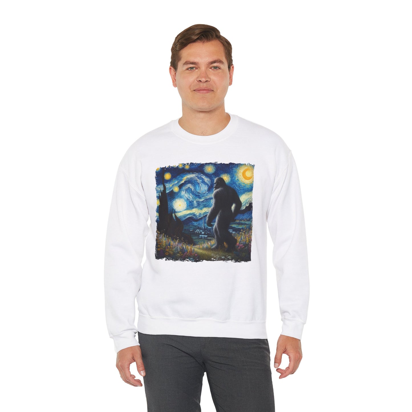 Bigfoot Night Sky Crewneck Sweater | Starry Night Inspired Art | Humorous Sasquatch Sweatshirt | Fun Gift for Quirky Bigfoot Lovers
