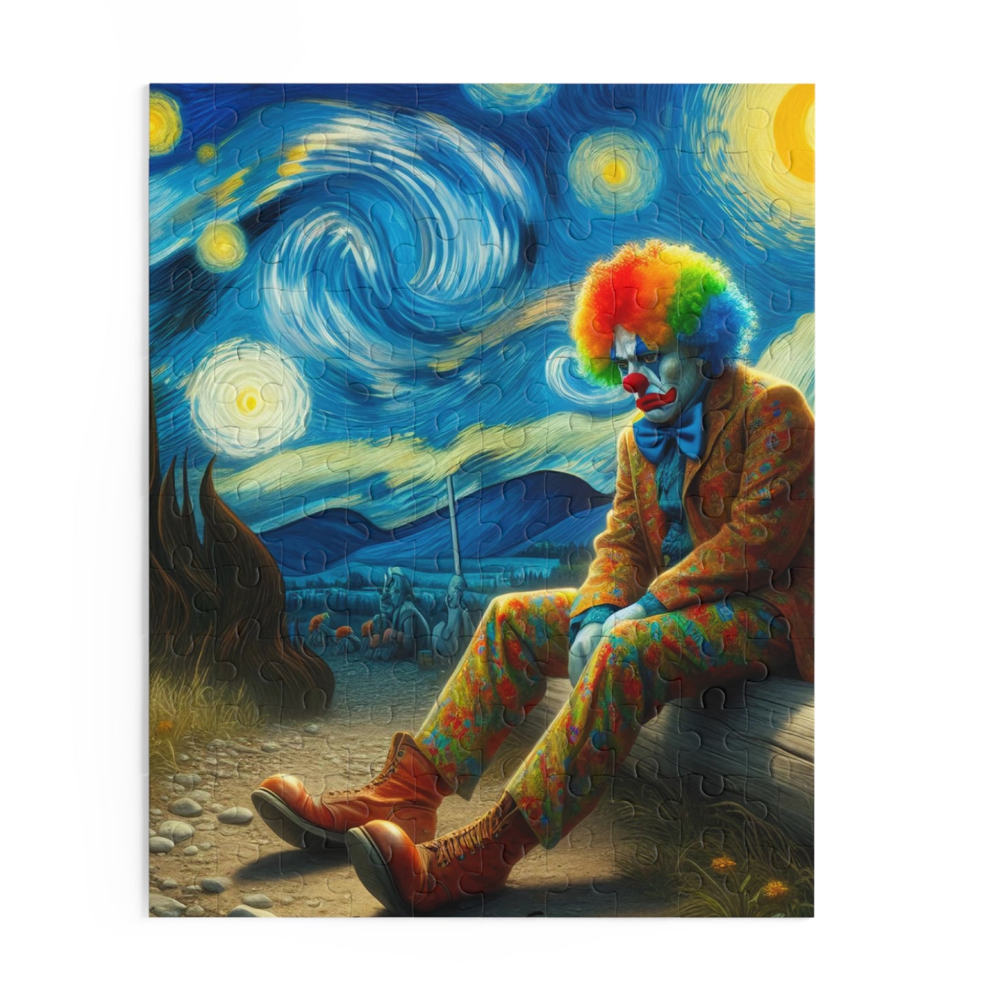 Sad Clown Night Sky Jigsaw Puzzle 120-500 Pieces | Melancholic Starry Night-Inspired Art for Unique Clown & Art Lovers