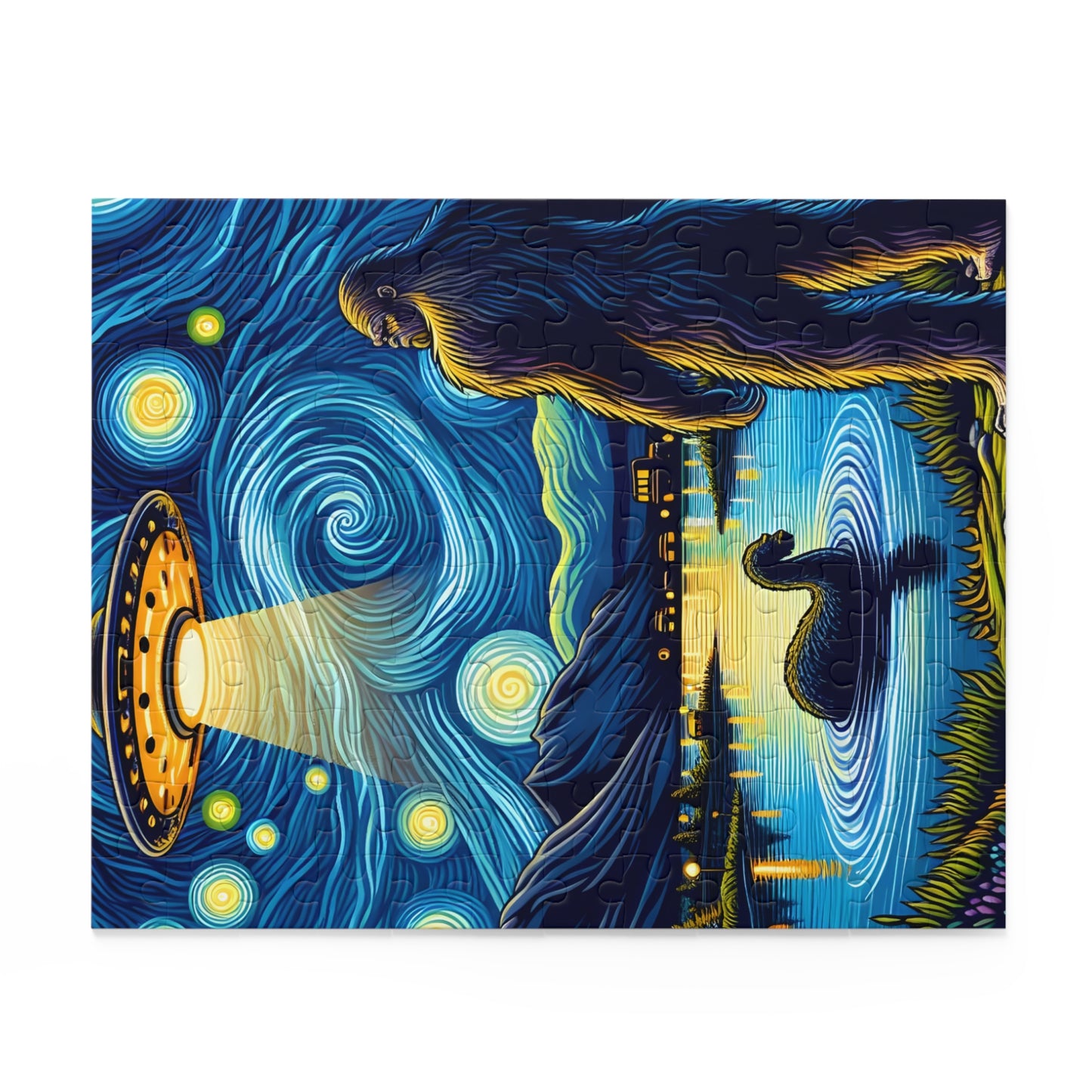 Bigfoot Alien Spaceship Jigsaw Puzzle 120-500 Pieces | Sasquatch Meets Extraterrestrial Art for UFO Lovers Bigfoot Fans Mythical Creature