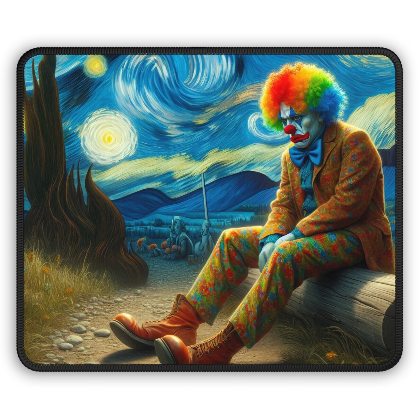 Sad Clown Night Sky Non-Slip Mouse Pad | Melancholic Art Inspired by Starry Night | Unique Clown Gift for Art Lovers Clown Lovers Desk Mat