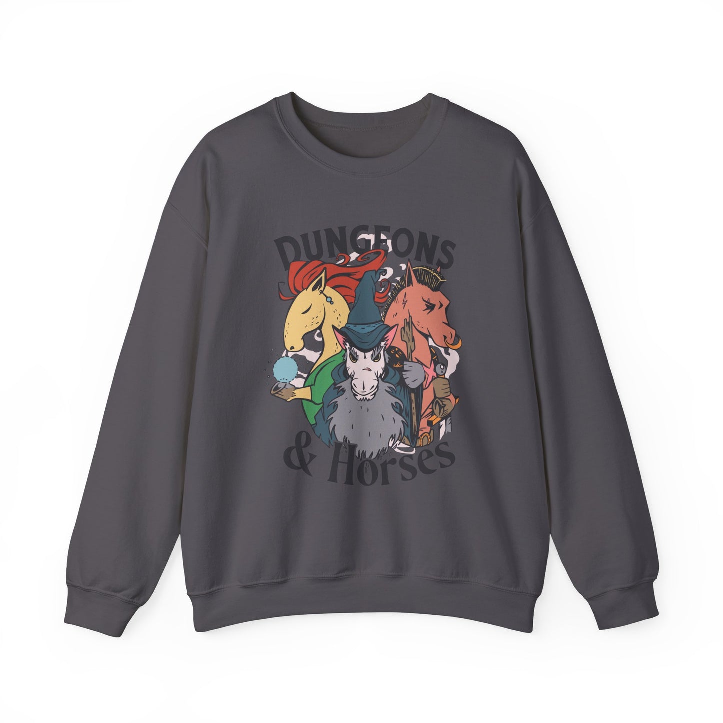 Dungeons and Horses Funny D&D Parody Sweatshirt | Nerdy Fantasy Game Sweater Horse Lovers | Unique Winter Gift | Cozy Fun Sweatshirt Gamers