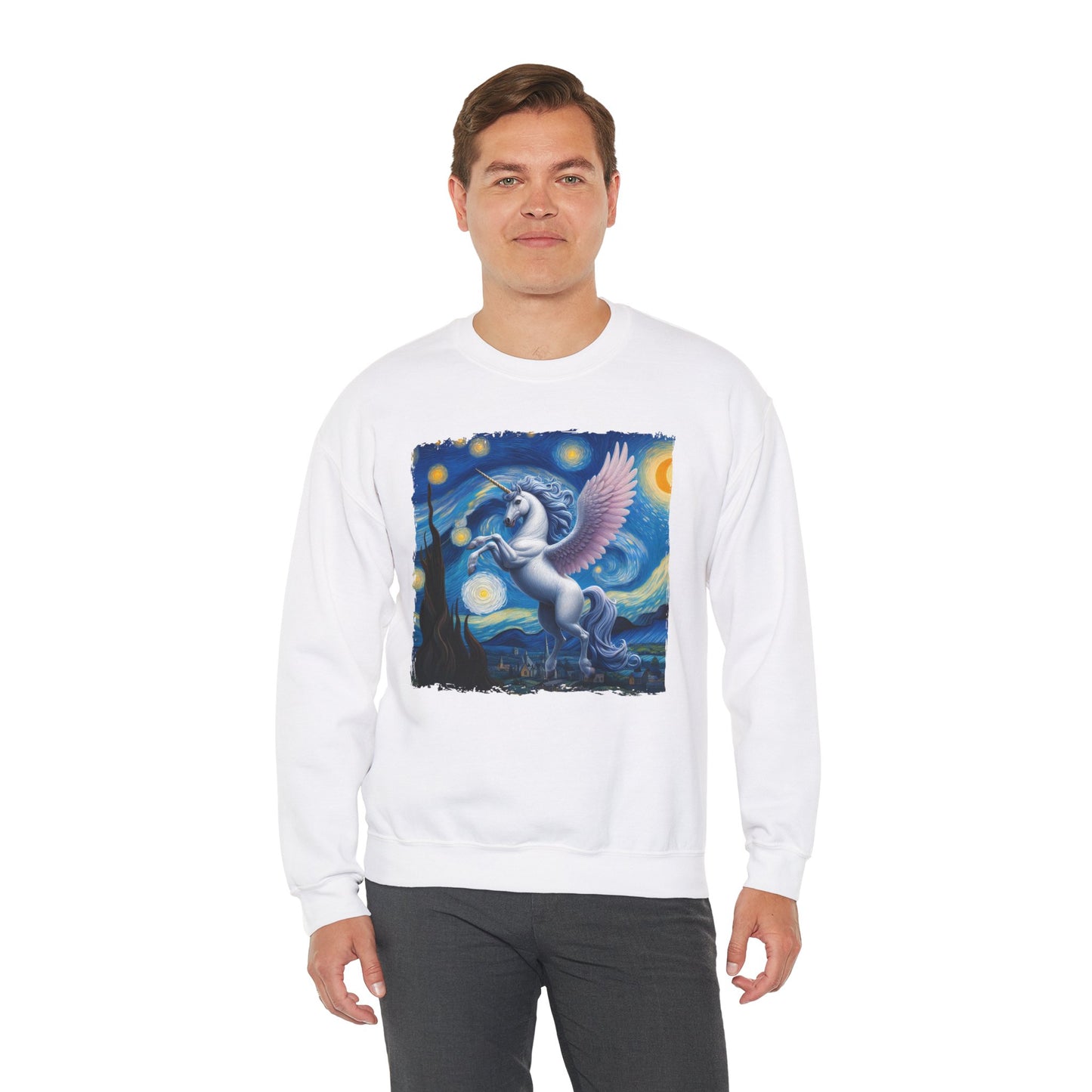 Magical White Unicorn Night Sky Crewneck Sweater Starry Night-Inspired Fantasy Art Pullover Sweatshirt Enchanted Unicorn Gift Fantasy Lovers