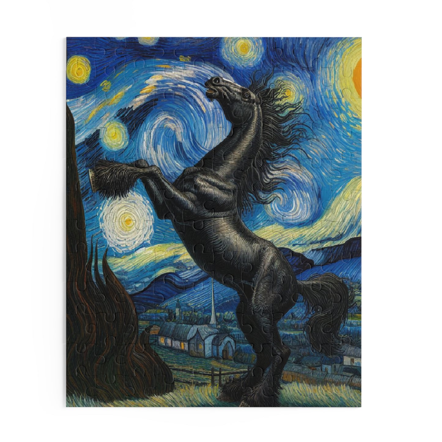 Majestic Black Horse Night Sky Jigsaw Puzzle 120-500 Pieces | Elegant Starry Night-Inspired Art for Equestrian Lovers Horse Gift