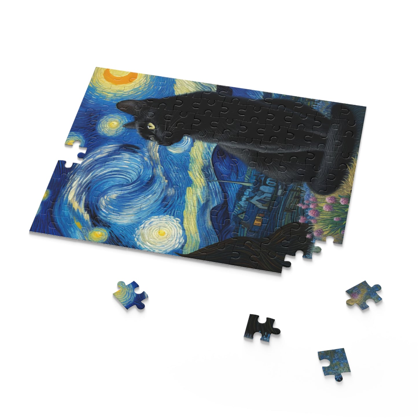 Mystical Black Cat Under Starry Night Jigsaw Puzzle 120-500 Pieces | Enchanting Night Sky Art for Cat Lovers and Witchcraft Enthusiasts