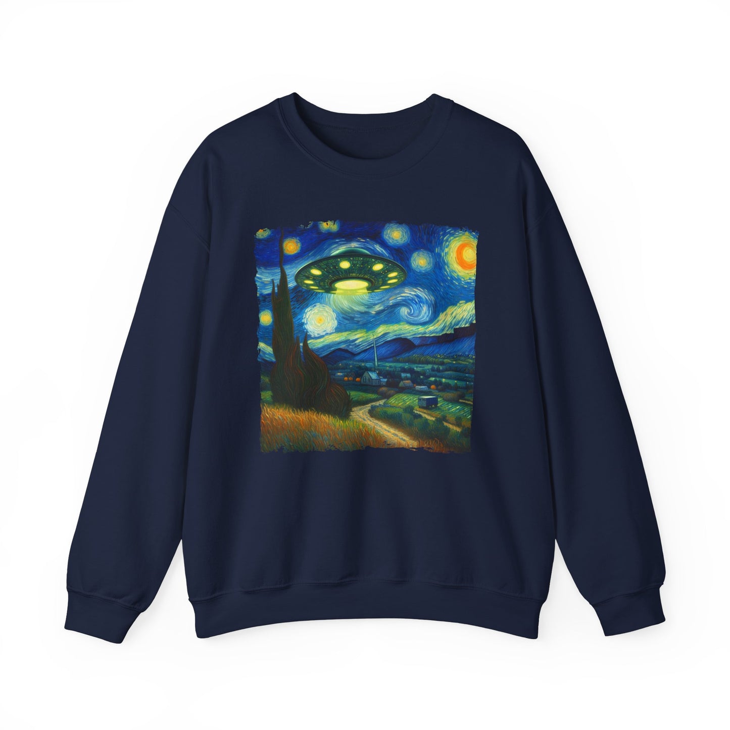 Alien UFO Night Sky Crewneck Sweater | Starry Night-Inspired Outer Space Art Pullover | Cosmic Sci-Fi Sweatshirt Alien UFO Believers