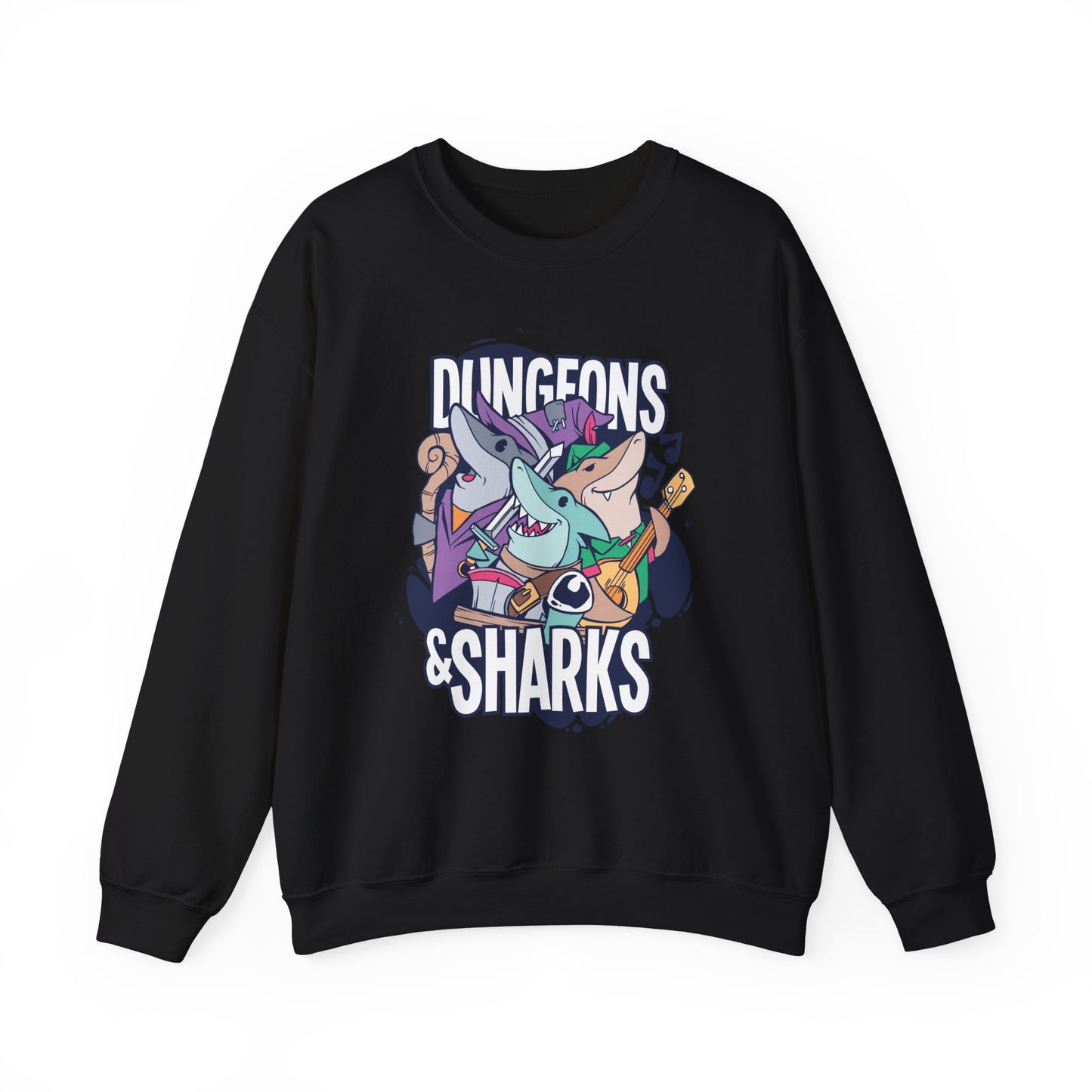 Dungeons and Sharks Funny D&D Parody Sweatshirt | Nerdy Fantasy Game Sweater Shark Lovers | Unique Winter Gift | Cozy Fun Sweatshirt Gamers