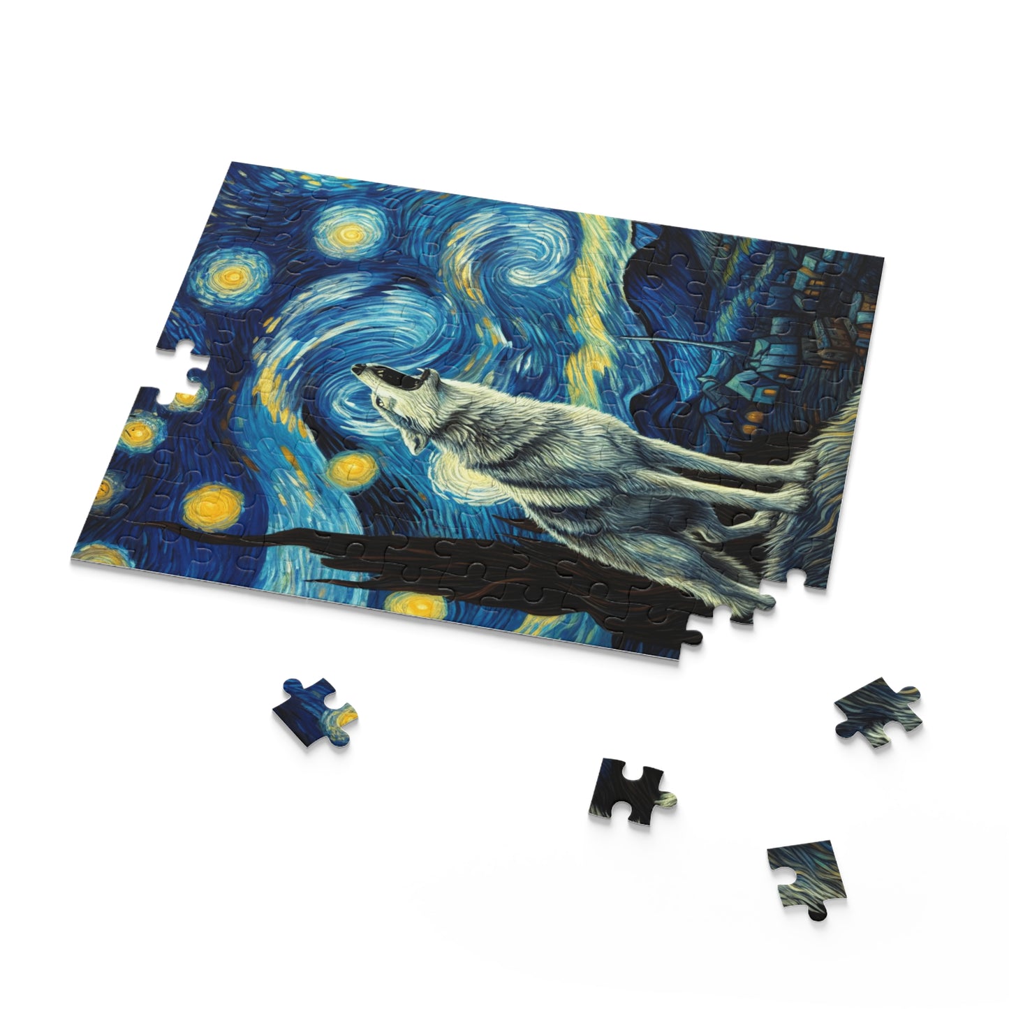 Lone Wolf Night Sky Jigsaw Puzzle 120-500 Pieces | Starry Night-Inspired Art & Mystical Wolf Design Perfect Nature Wilderness Enthusiasts