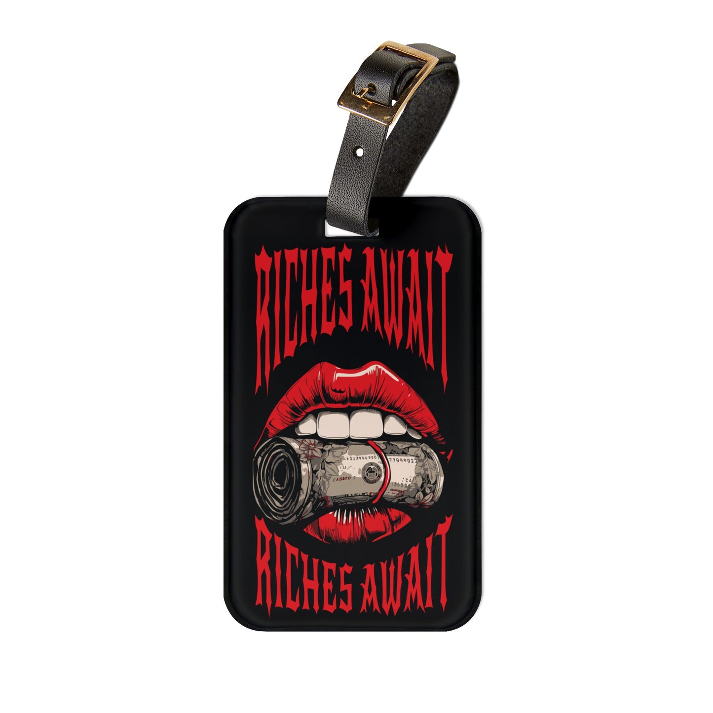 Riches Await Luggage Tag | Red Lips Holding Money Design | Hustler Baggage ID for Money Lovers | Street Culture Travel Accessory Bankroll
