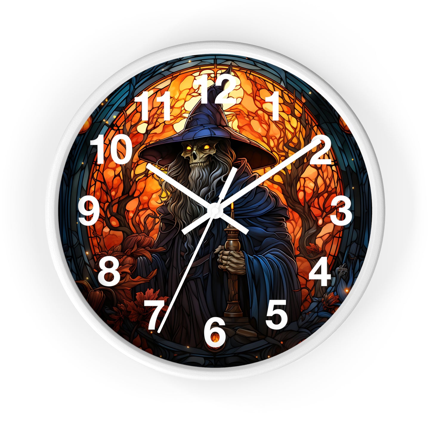 Scary Skeleton Wizard Stained Glass Wall Clock | Halloween Creepy Witch Vibe | Battery Operated | Unique Spooky Decor Halloween Lovers Gift