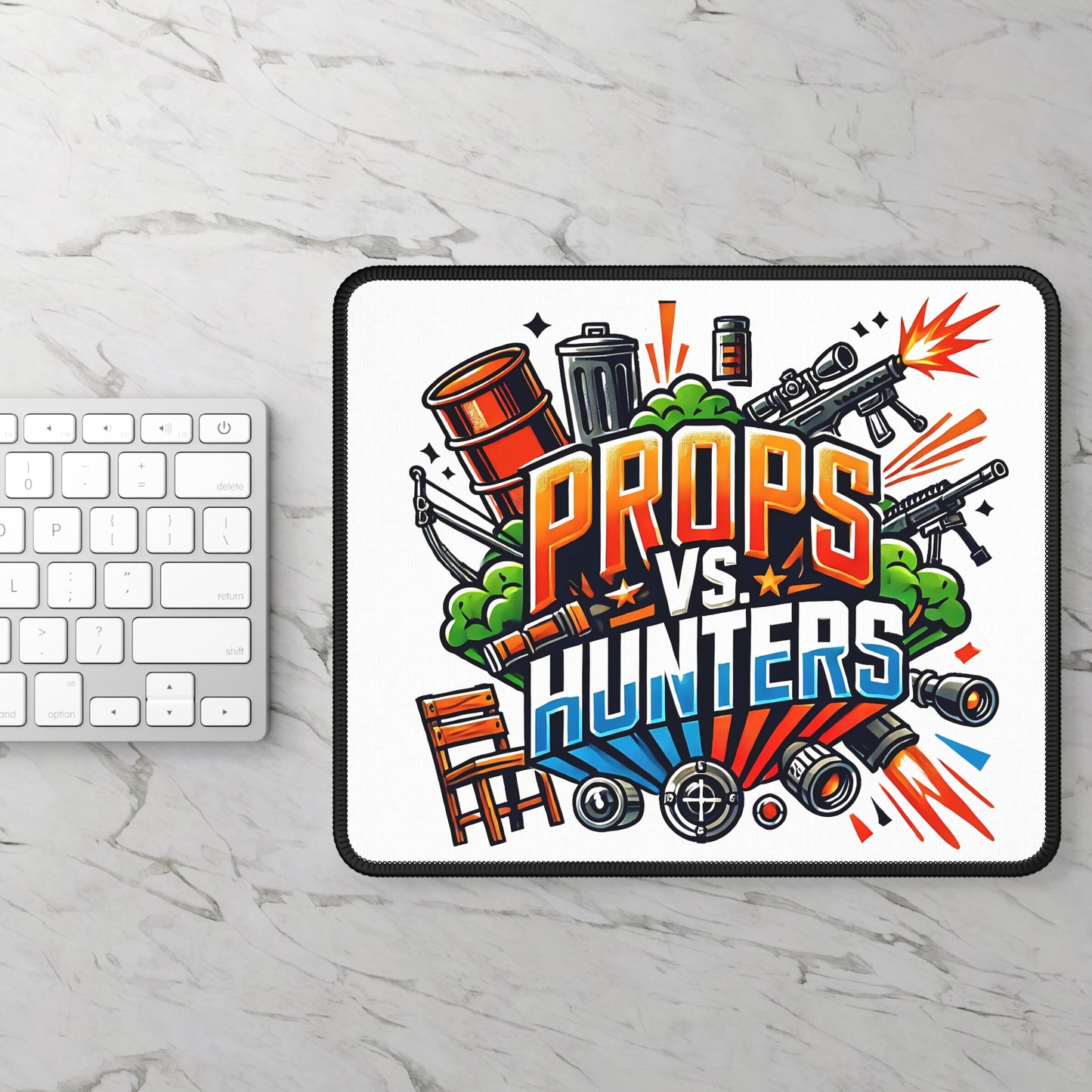 Props vs Hunters Typography Non Slip Mouse Pad | Dynamic Prop Hunt Design | Explosive Clash Gamer Illustration | Bold Vibrant Cartoon Style