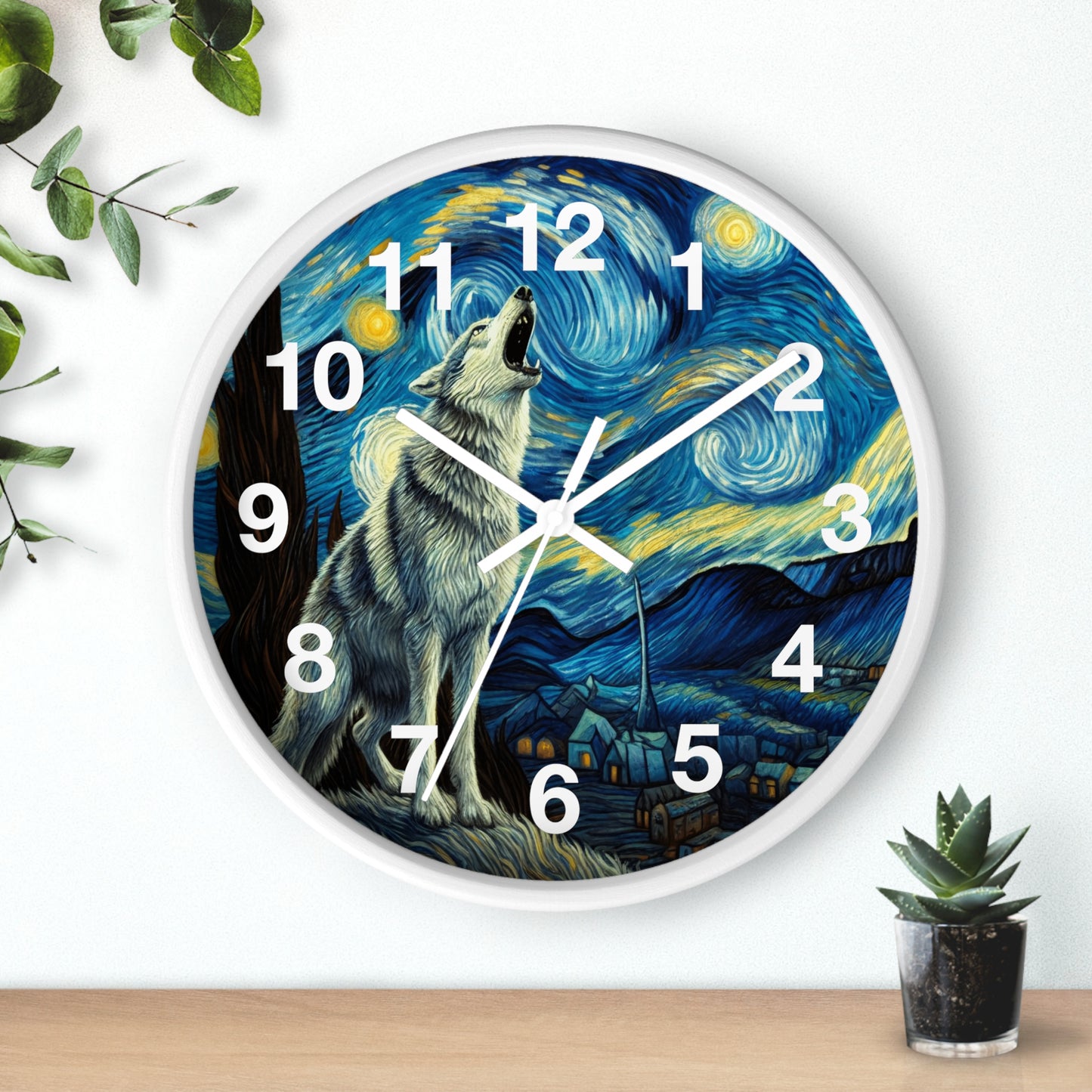 Lone Wolf Night Sky Wall Clock | Battery Operated | Starry Night-Inspired Art | Perfect Gift for Wolf and Nature Lovers Wall Decor Wolf Gift