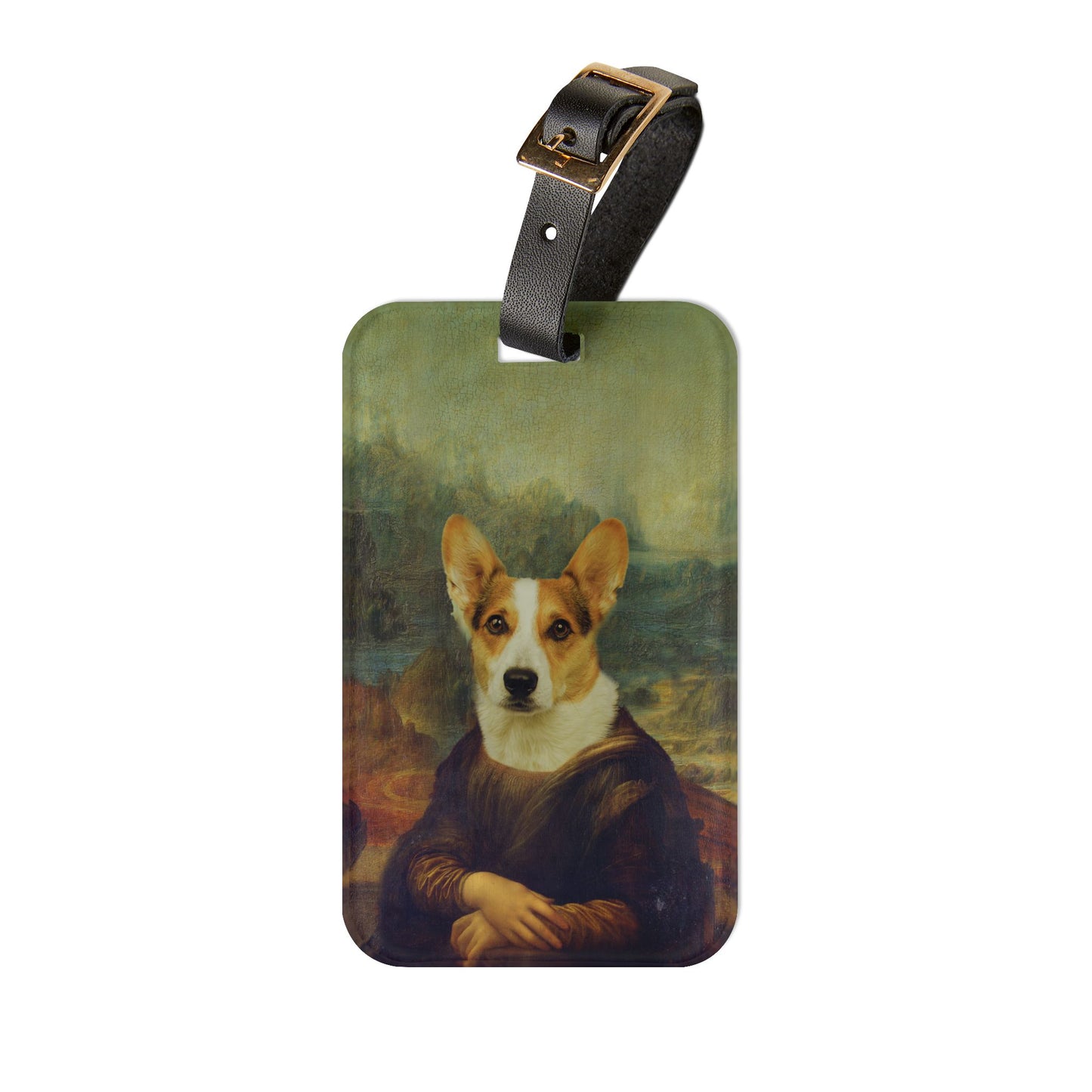 Funny Mona Lisa Style Dog Head Luggage Tag - Dog Lisa Painting Joke Baggage ID - Classic Art Humor for Dog Lovers