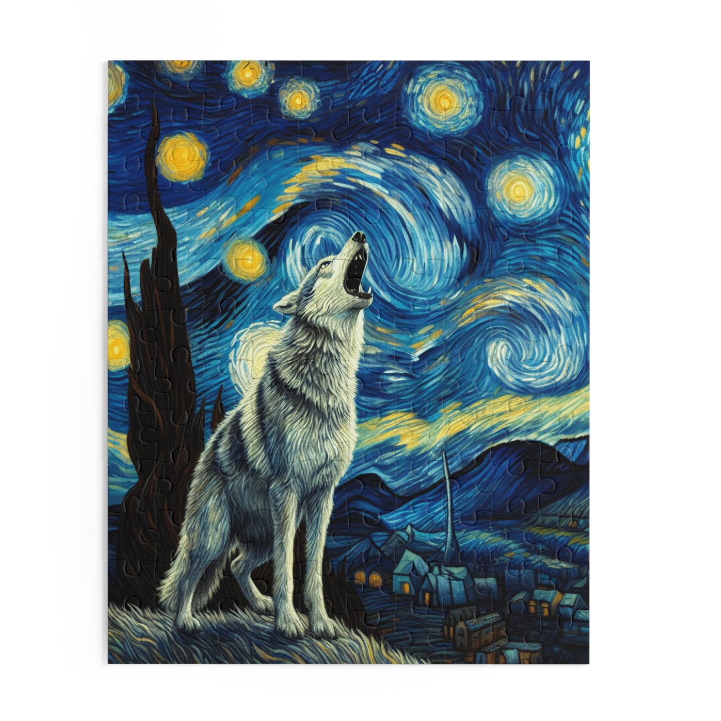 Lone Wolf Night Sky Jigsaw Puzzle 120-500 Pieces | Starry Night-Inspired Art & Mystical Wolf Design Perfect Nature Wilderness Enthusiasts