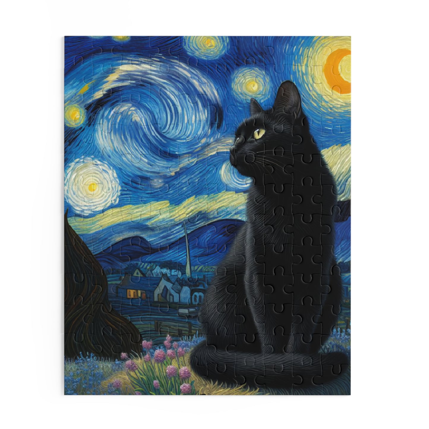 Mystical Black Cat Under Starry Night Jigsaw Puzzle 120-500 Pieces | Enchanting Night Sky Art for Cat Lovers and Witchcraft Enthusiasts