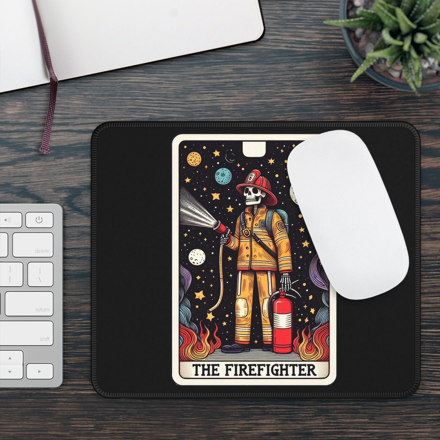 Firefighter Tarot Card Non Slip Mouse Pad | Heroic Office Desk Decor Firefighter Gift Tarot-Inspired Desk Mat | Firefighter Desk Accessory