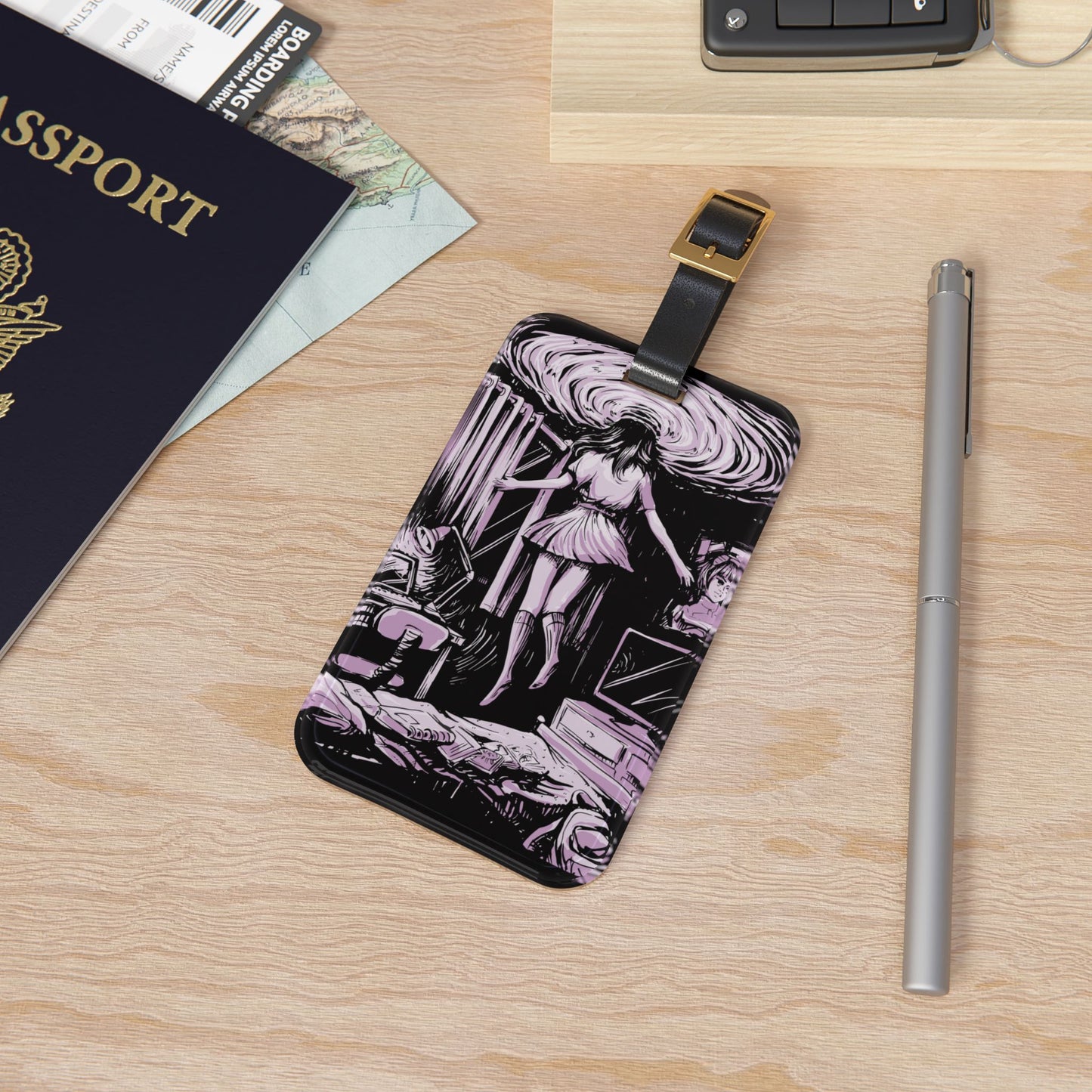 Floating Girl Entering Portal Luggage Tag | Trippy Streetwear Baggage ID | Dark Aesthetic Modern Art Travel Accessory | Mind-Melting Design