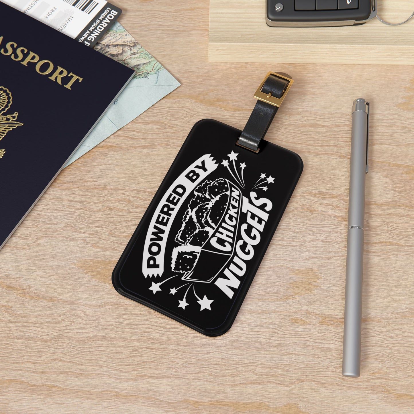 Powered by Chicken Nuggets Luggage Tag | Funny Food Lover Baggage ID Chicken Tendies Joke Travel Accessory Perfect Gift Foodies Nugget Fans
