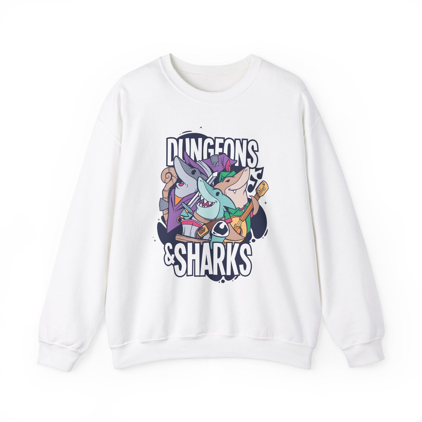 Dungeons and Sharks Funny D&D Parody Sweatshirt | Nerdy Fantasy Game Sweater Shark Lovers | Unique Winter Gift | Cozy Fun Sweatshirt Gamers