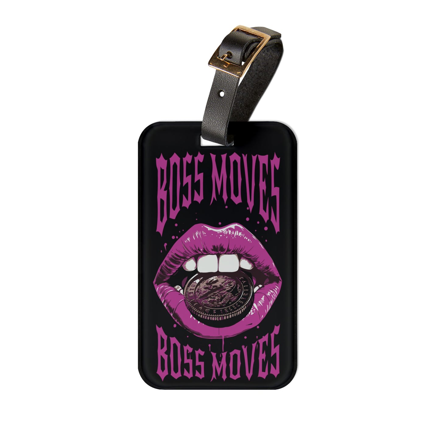 Boss Moves Luggage Tag | Purple Lips Holding Coin Design | Hustler Baggage ID for Bosses | Street Culture Travel Accessory Money Travel Tag