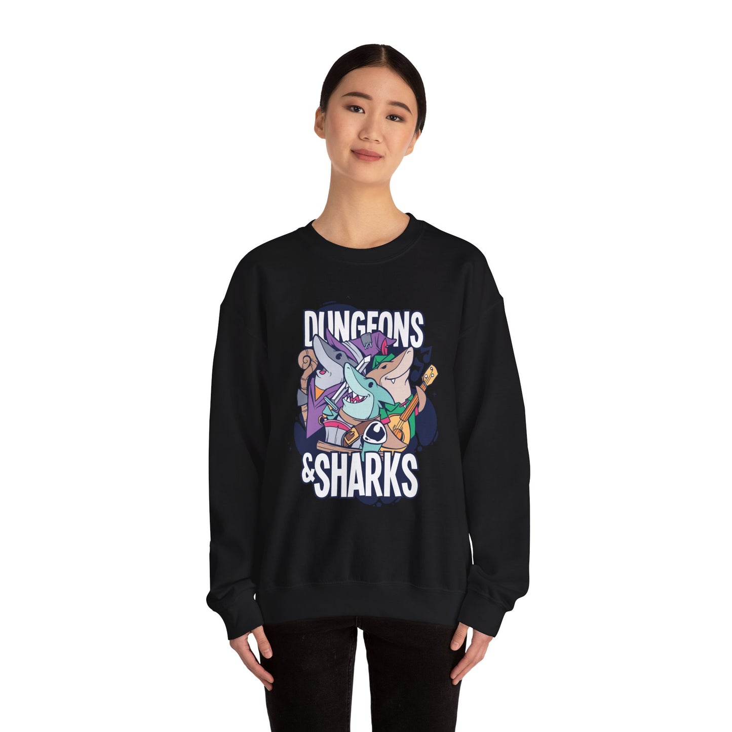 Dungeons and Sharks Funny D&D Parody Sweatshirt | Nerdy Fantasy Game Sweater Shark Lovers | Unique Winter Gift | Cozy Fun Sweatshirt Gamers