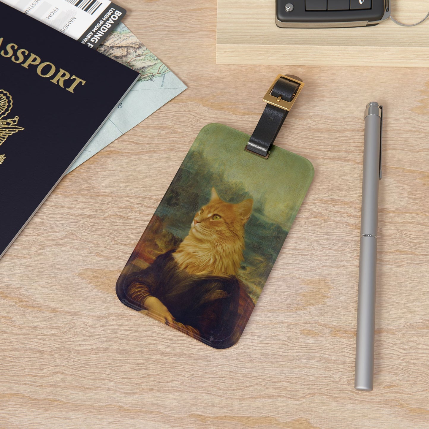 Funny Mona Lisa Style Cat Head Luggage Tag - Cat Lisa Painting Joke Baggage ID - Classic Art Humor for Cat Lovers Classic Art Humor
