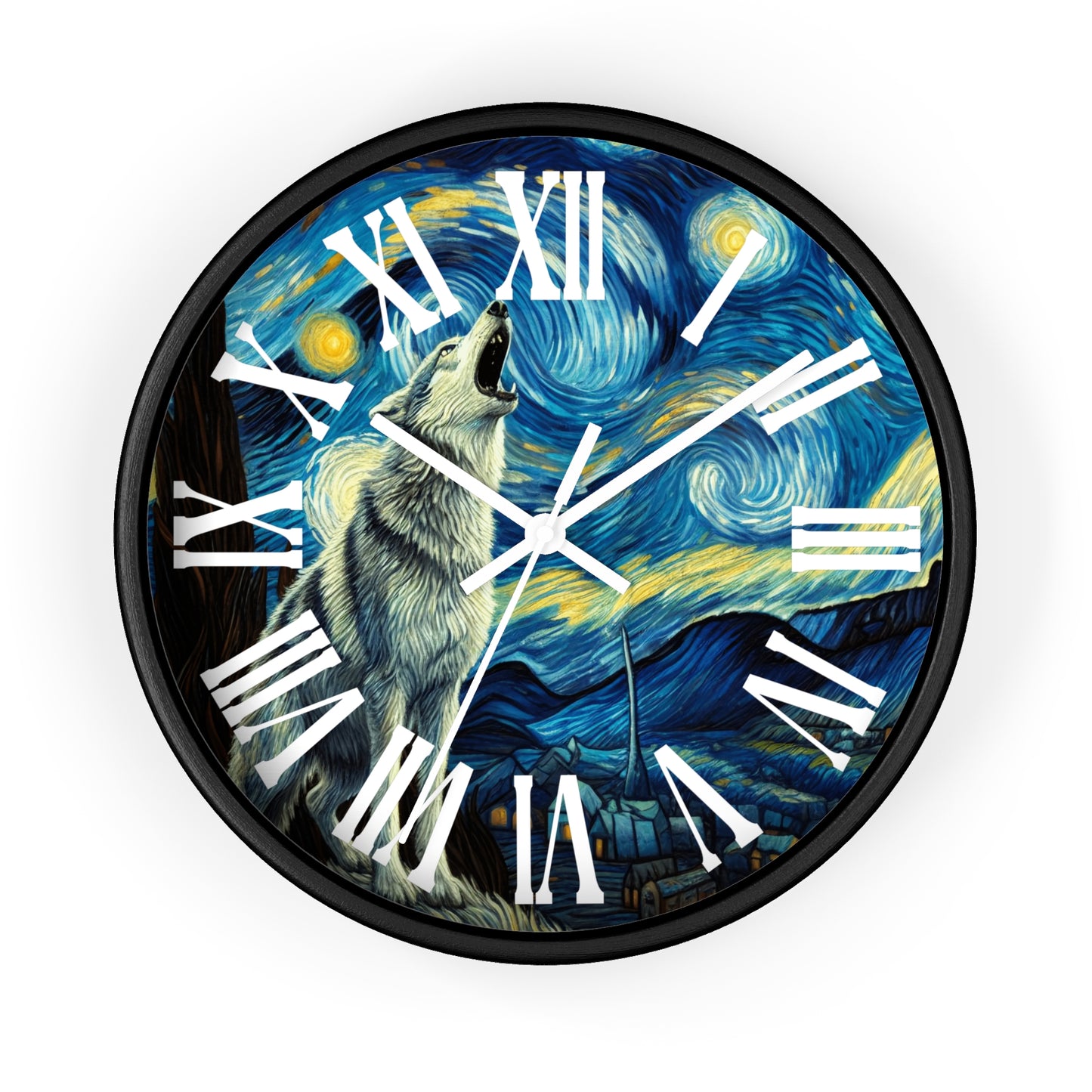 Lone Wolf Night Sky Wall Clock Roman Numeral | Battery Operated | Starry Night-Inspired Art Gift Wolf and Nature Lovers Wall Decor Wolf Gift