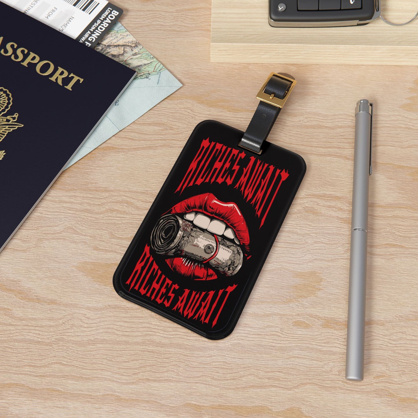 Riches Await Luggage Tag | Red Lips Holding Money Design | Hustler Baggage ID for Money Lovers | Street Culture Travel Accessory Bankroll