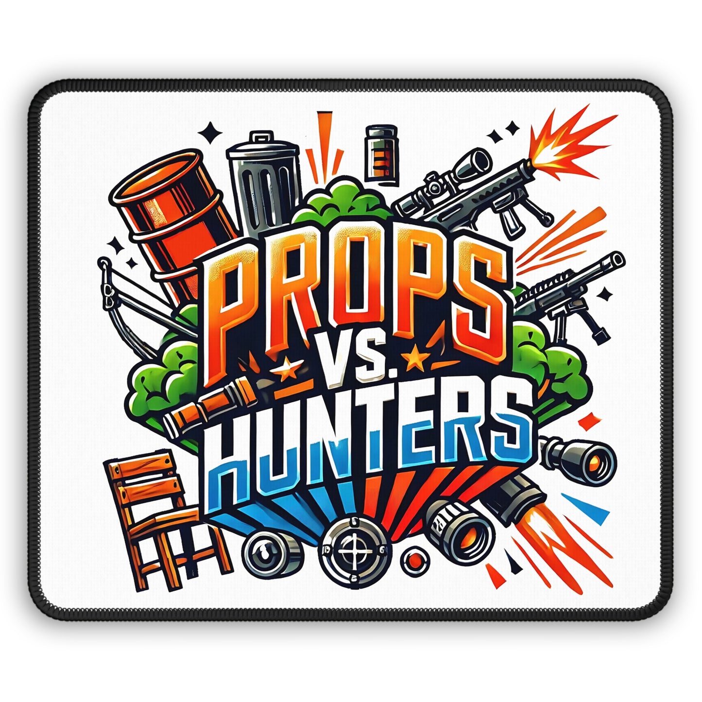Props vs Hunters Typography Non Slip Mouse Pad | Dynamic Prop Hunt Design | Explosive Clash Gamer Illustration | Bold Vibrant Cartoon Style