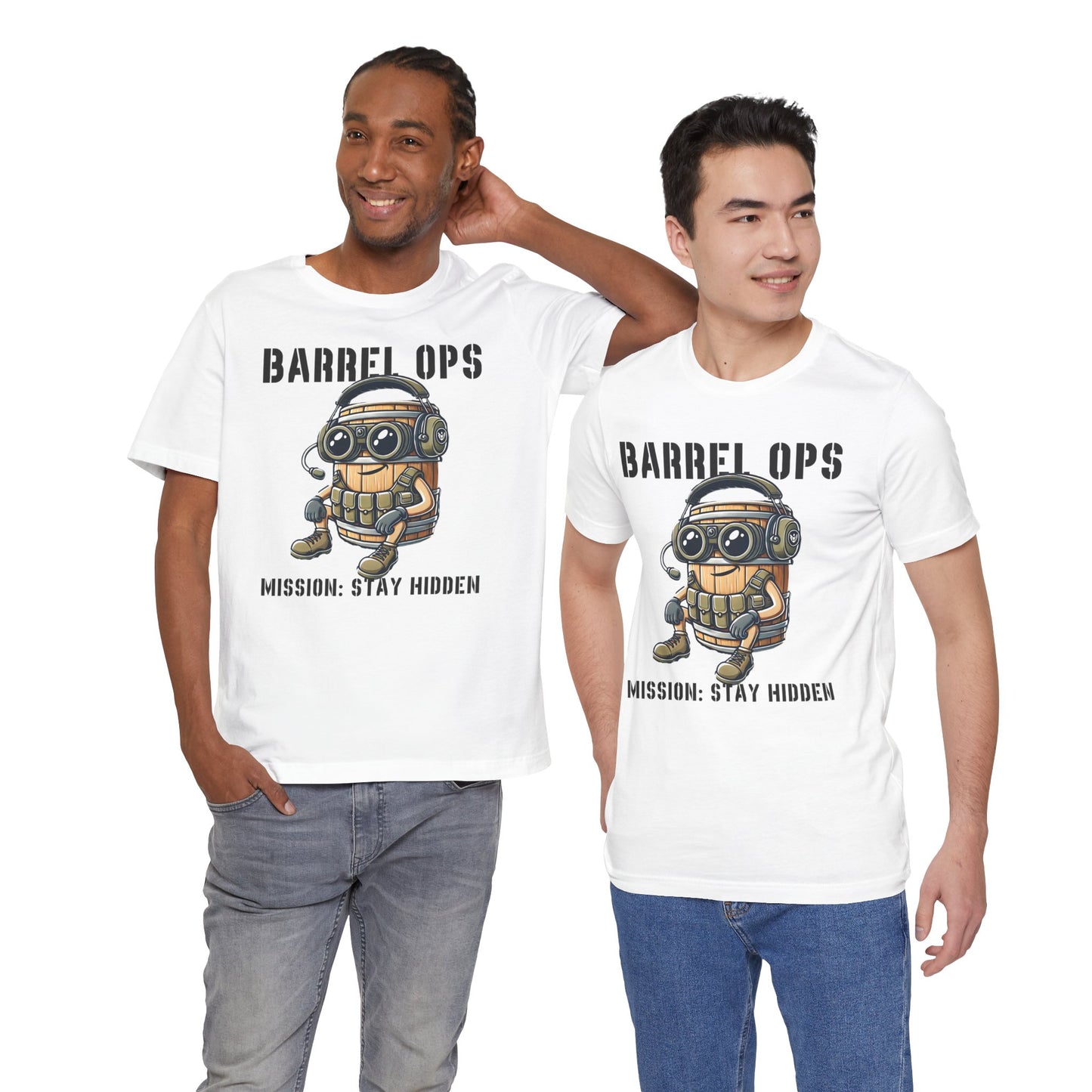 Barrel Ops Tactical Cartoon Shirt | Funny Prop Hunt Design | Mission Stay Hidden Illustration | Gamer Graphic | Unique Military Barrel