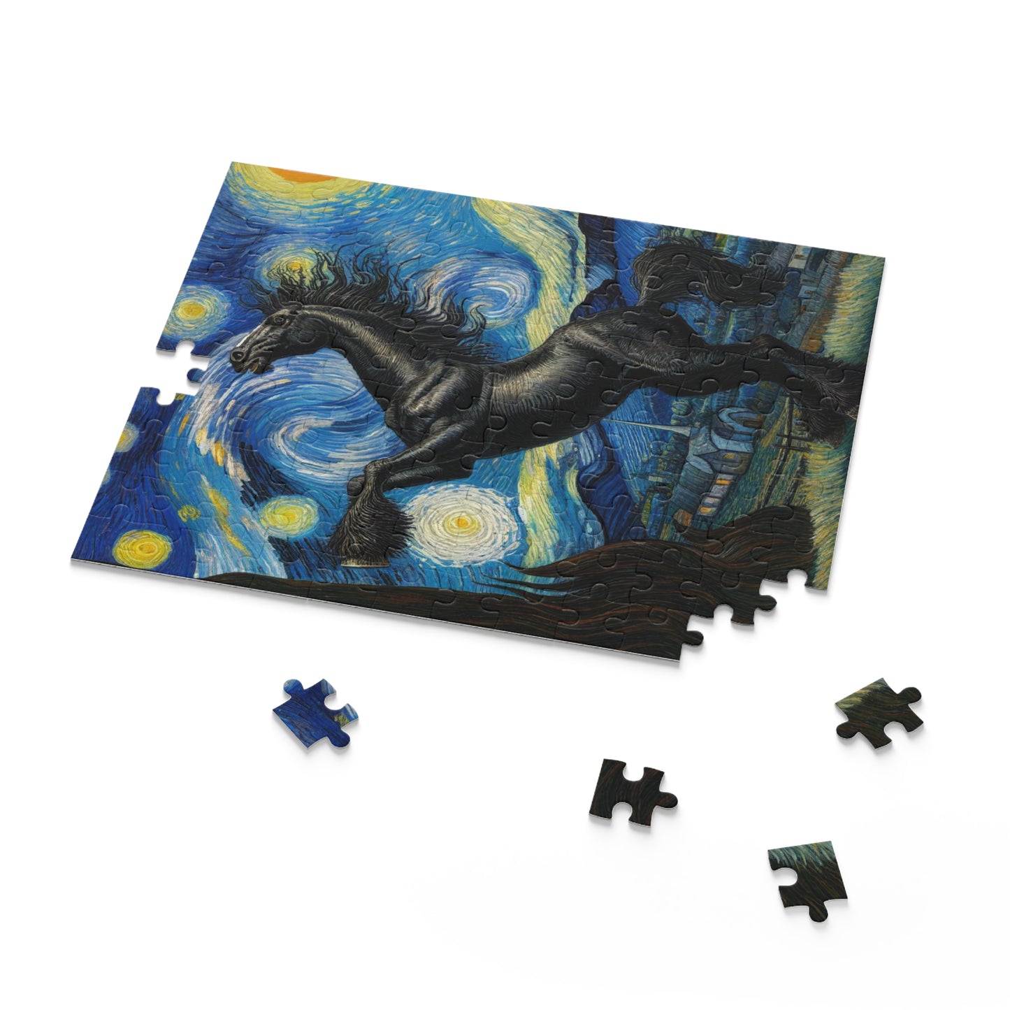Majestic Black Horse Night Sky Jigsaw Puzzle 120-500 Pieces | Elegant Starry Night-Inspired Art for Equestrian Lovers Horse Gift