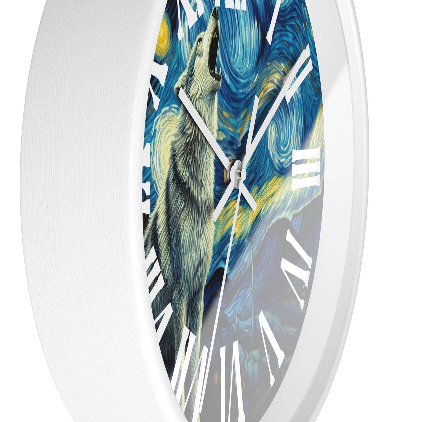 Lone Wolf Night Sky Wall Clock Roman Numeral | Battery Operated | Starry Night-Inspired Art Gift Wolf and Nature Lovers Wall Decor Wolf Gift