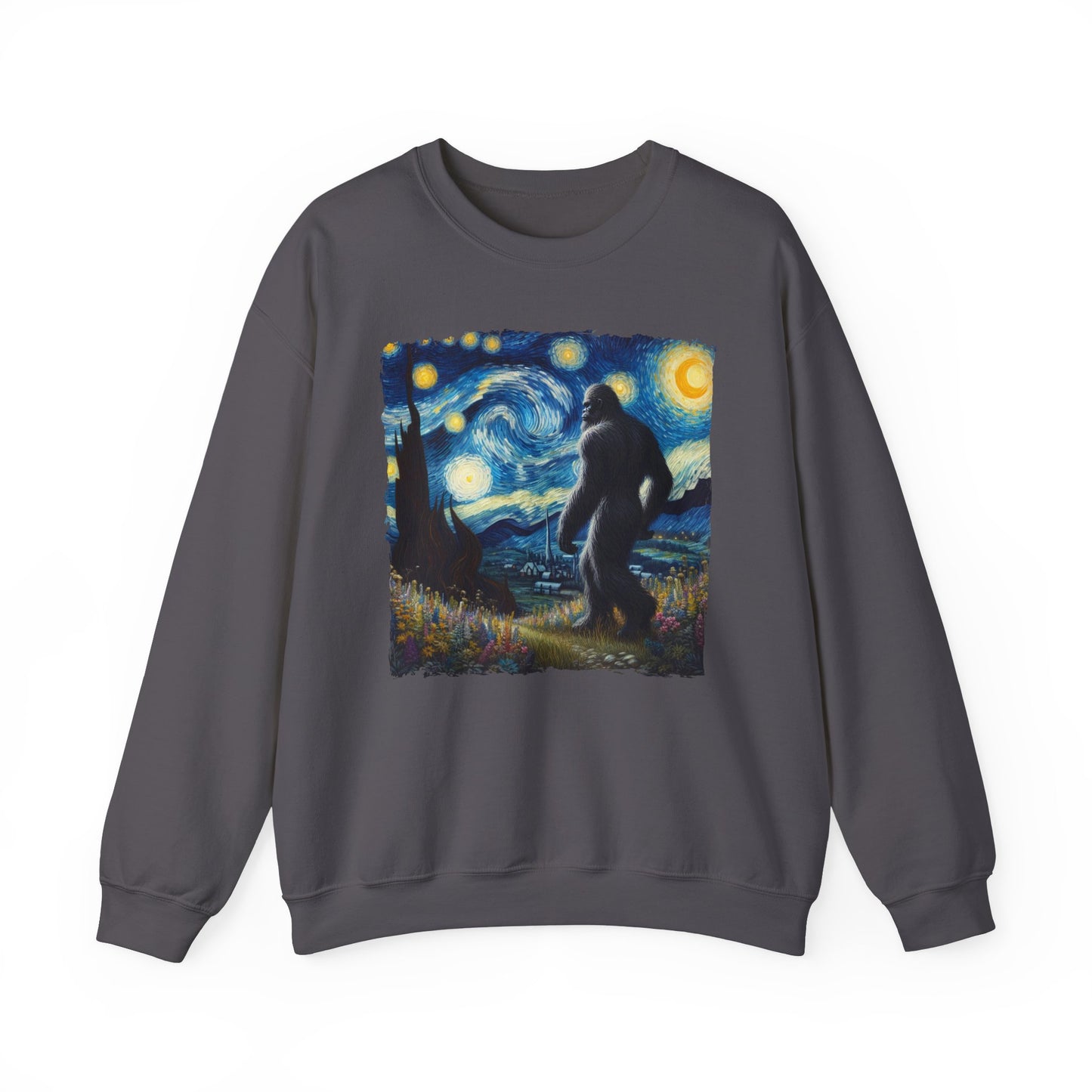 Bigfoot Night Sky Crewneck Sweater | Starry Night Inspired Art | Humorous Sasquatch Sweatshirt | Fun Gift for Quirky Bigfoot Lovers