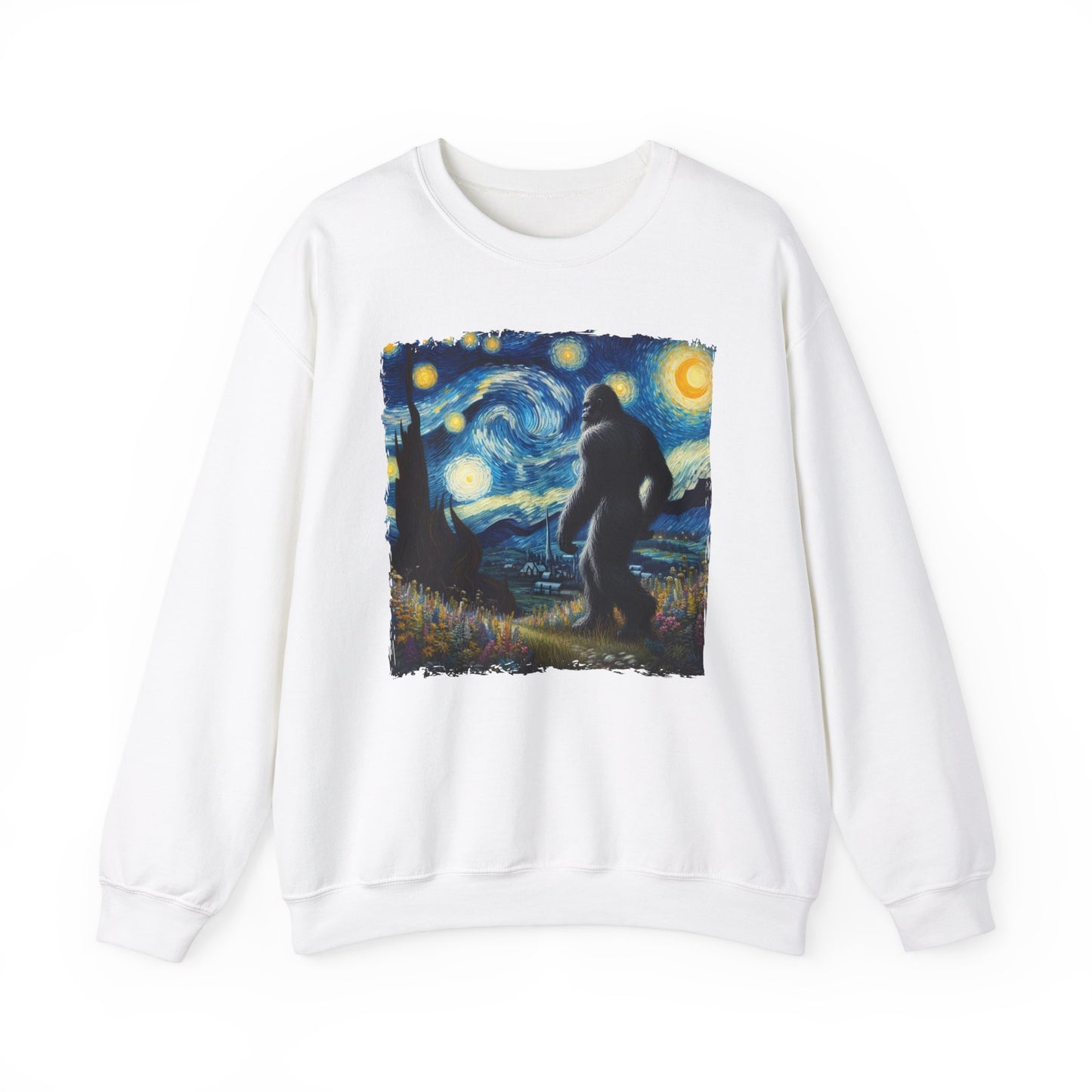 Bigfoot Night Sky Crewneck Sweater | Starry Night Inspired Art | Humorous Sasquatch Sweatshirt | Fun Gift for Quirky Bigfoot Lovers